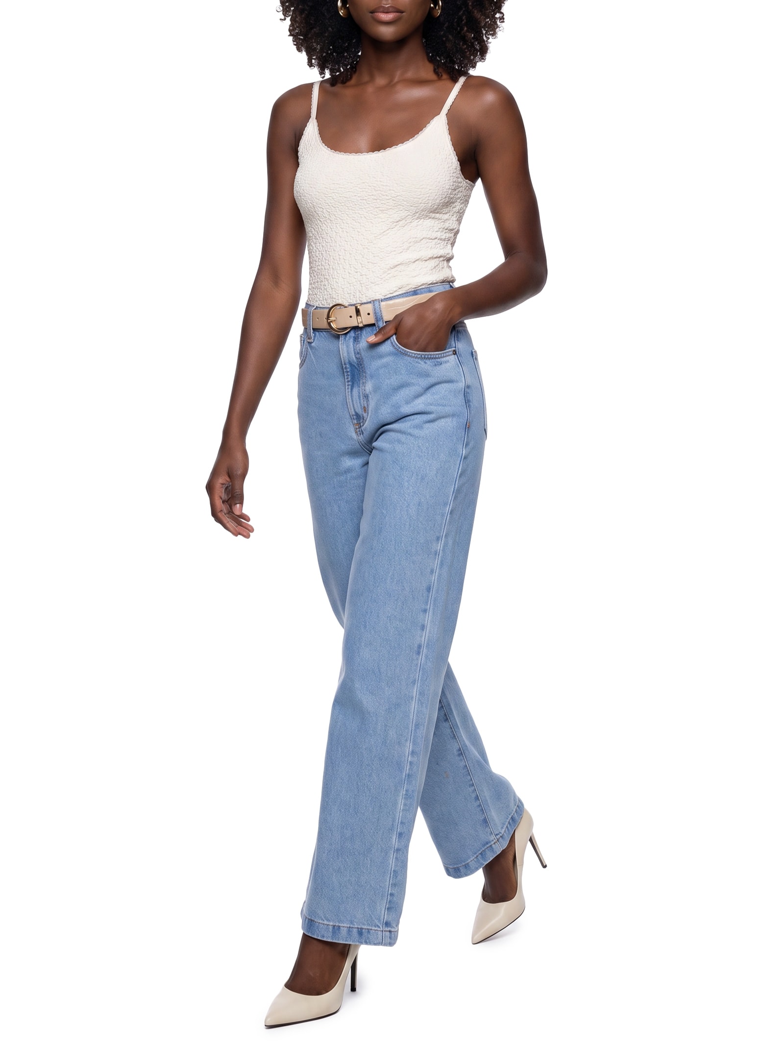 Blusa Feminina De Alça Malha Texturizada Bege Lança Perfume
