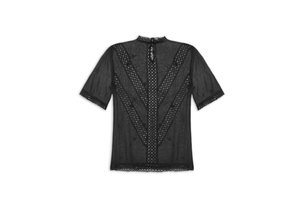 Blusa Feminina De Algodão De Manga Curta Gola Alta Com Entremeios - Preto