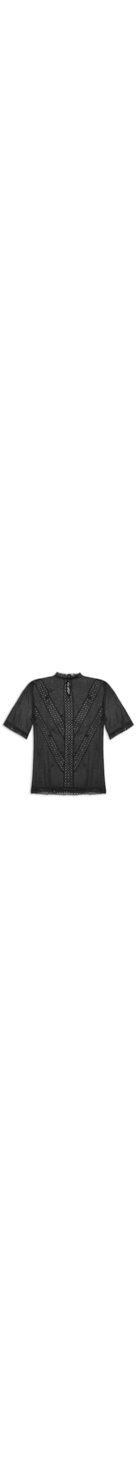 Blusa Feminina De Algodão De Manga Curta Gola Alta Com Entremeios - Preto