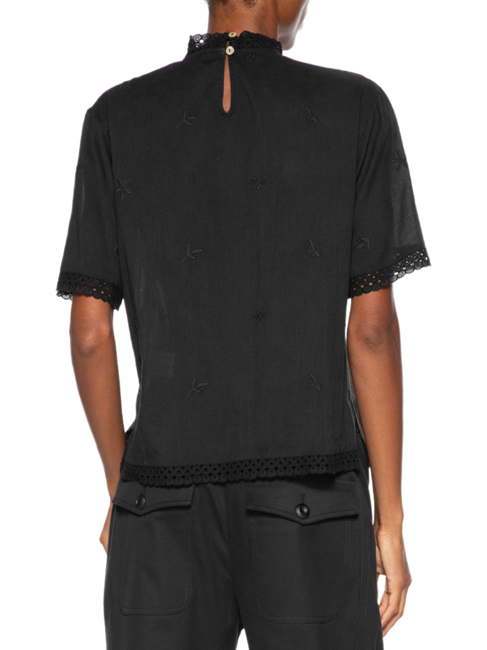 Blusa Feminina De Algodão De Manga Curta Gola Alta Com Entremeios Preto Animale
