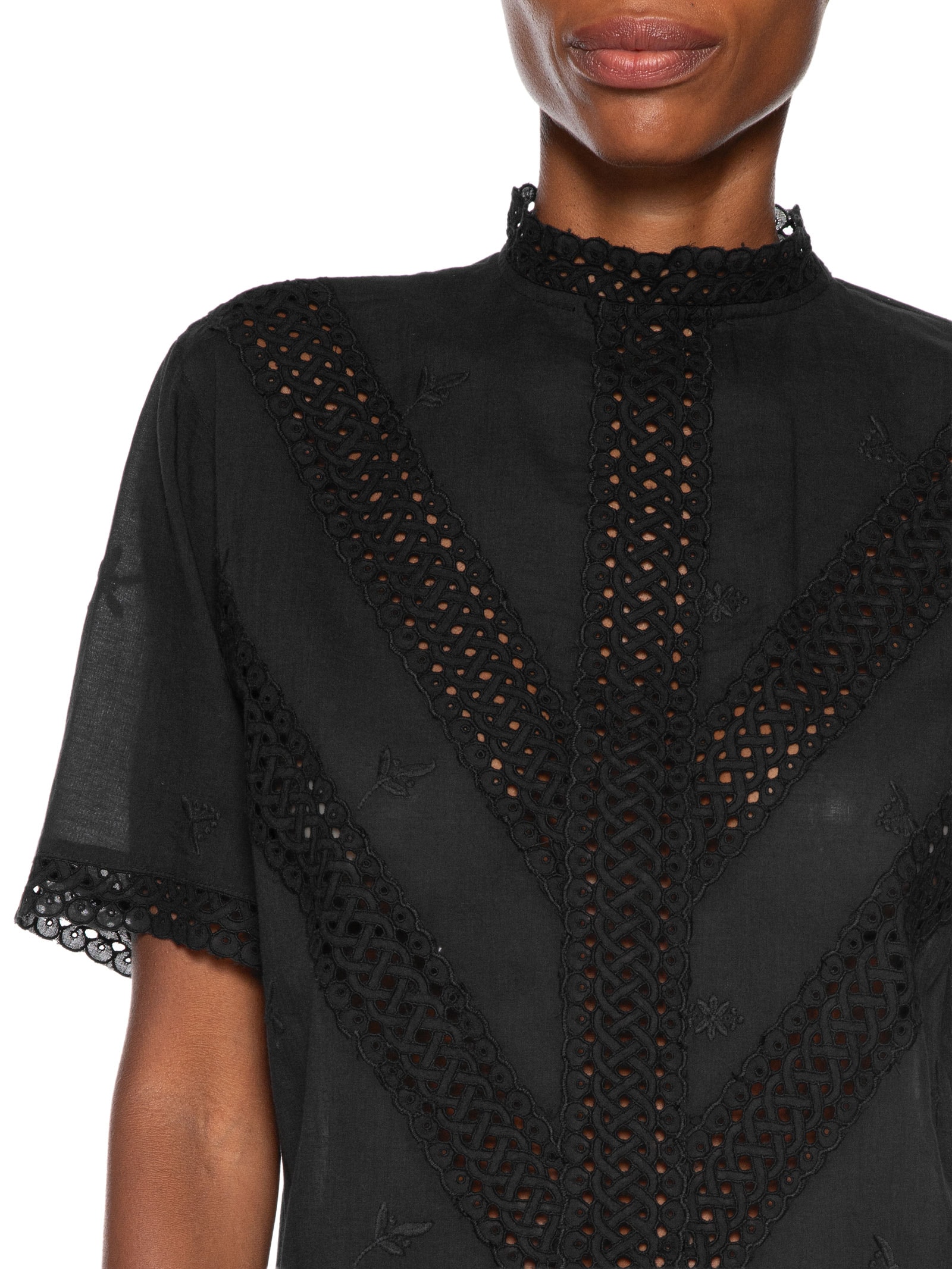 Blusa Feminina De Algodão De Manga Curta Gola Alta Com Entremeios Preto Animale