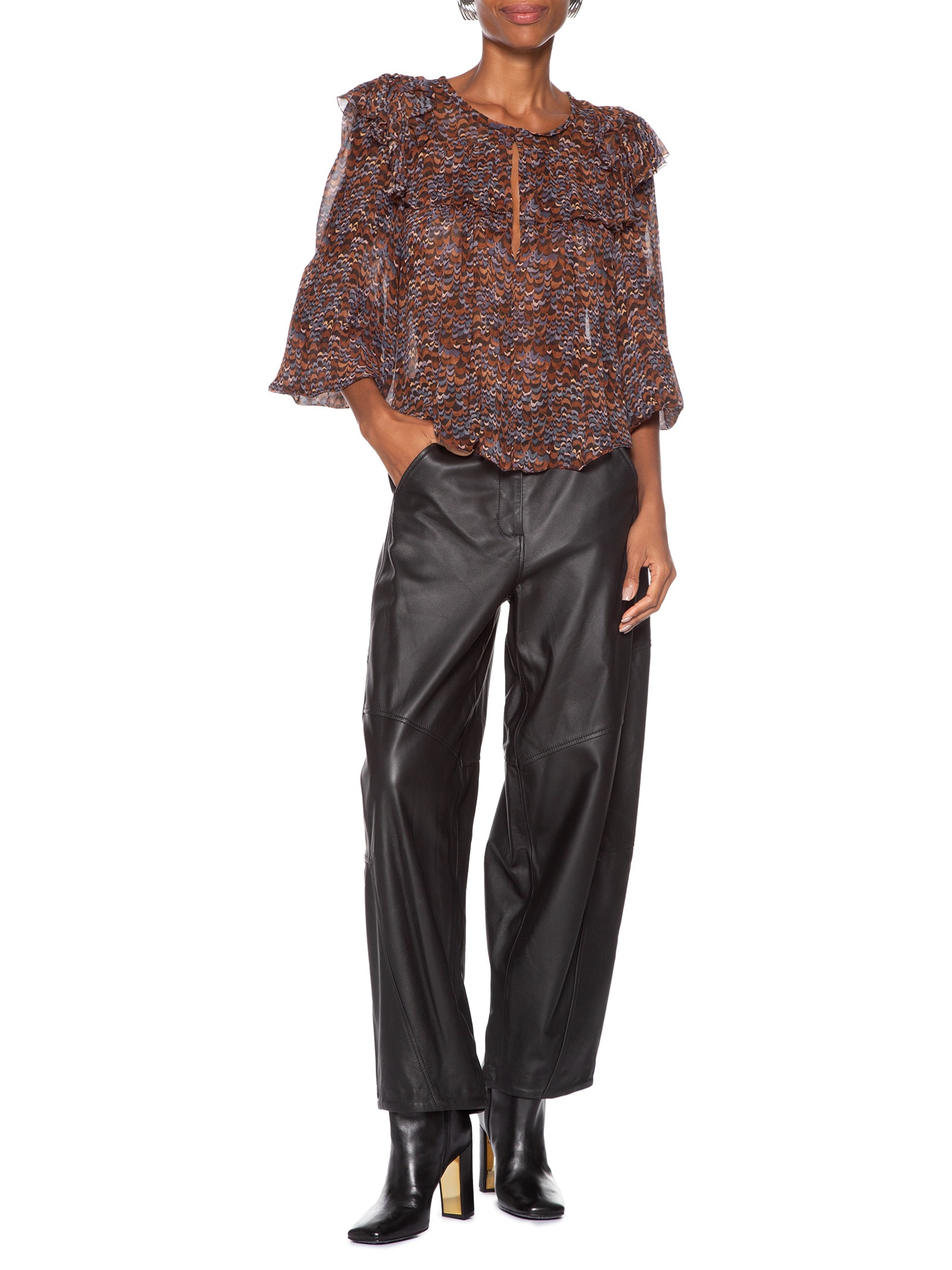 Blusa Feminina De Georgette Estampada Manga Longa Com Babados Roxo Animale