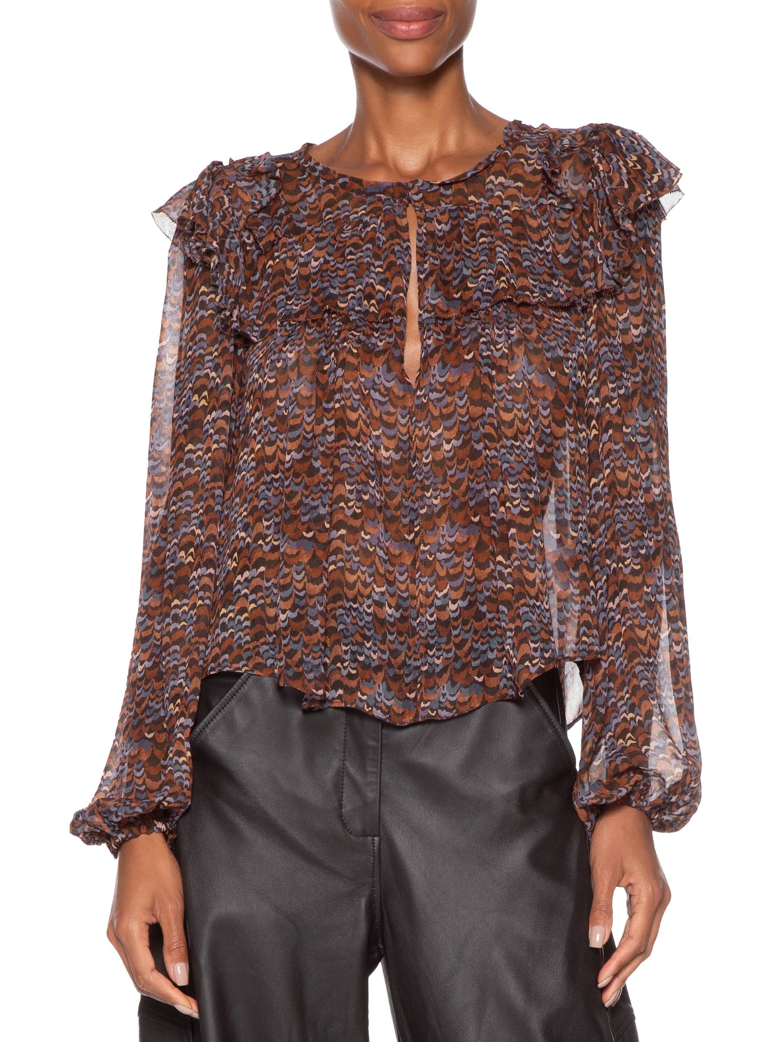 Blusa Feminina De Georgette Estampada Manga Longa Com Babados Roxo Animale