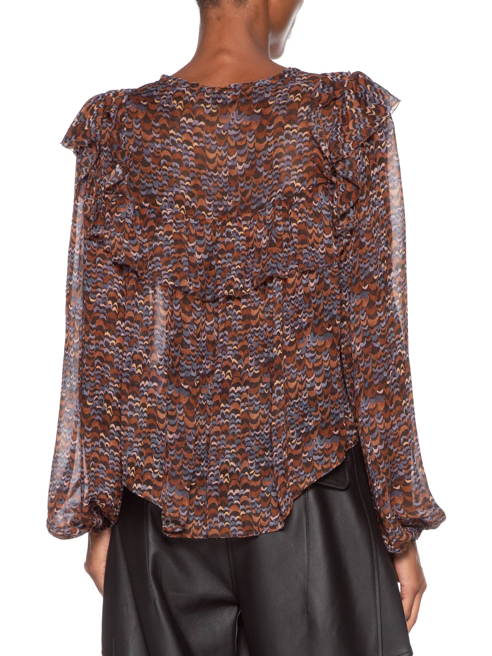 Blusa Feminina De Georgette Estampada Manga Longa Com Babados Roxo Animale