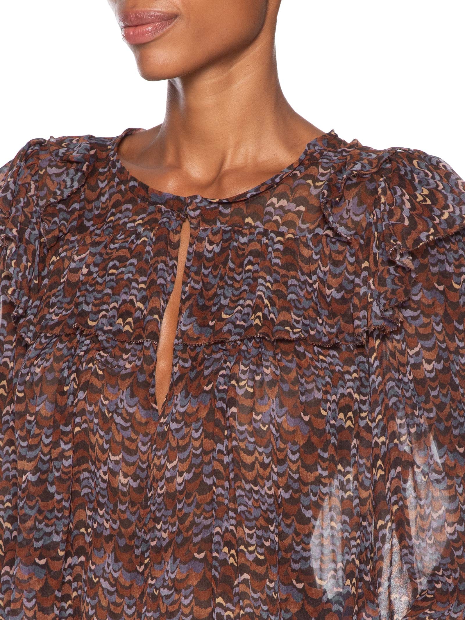 Blusa Feminina De Georgette Estampada Manga Longa Com Babados Roxo Animale