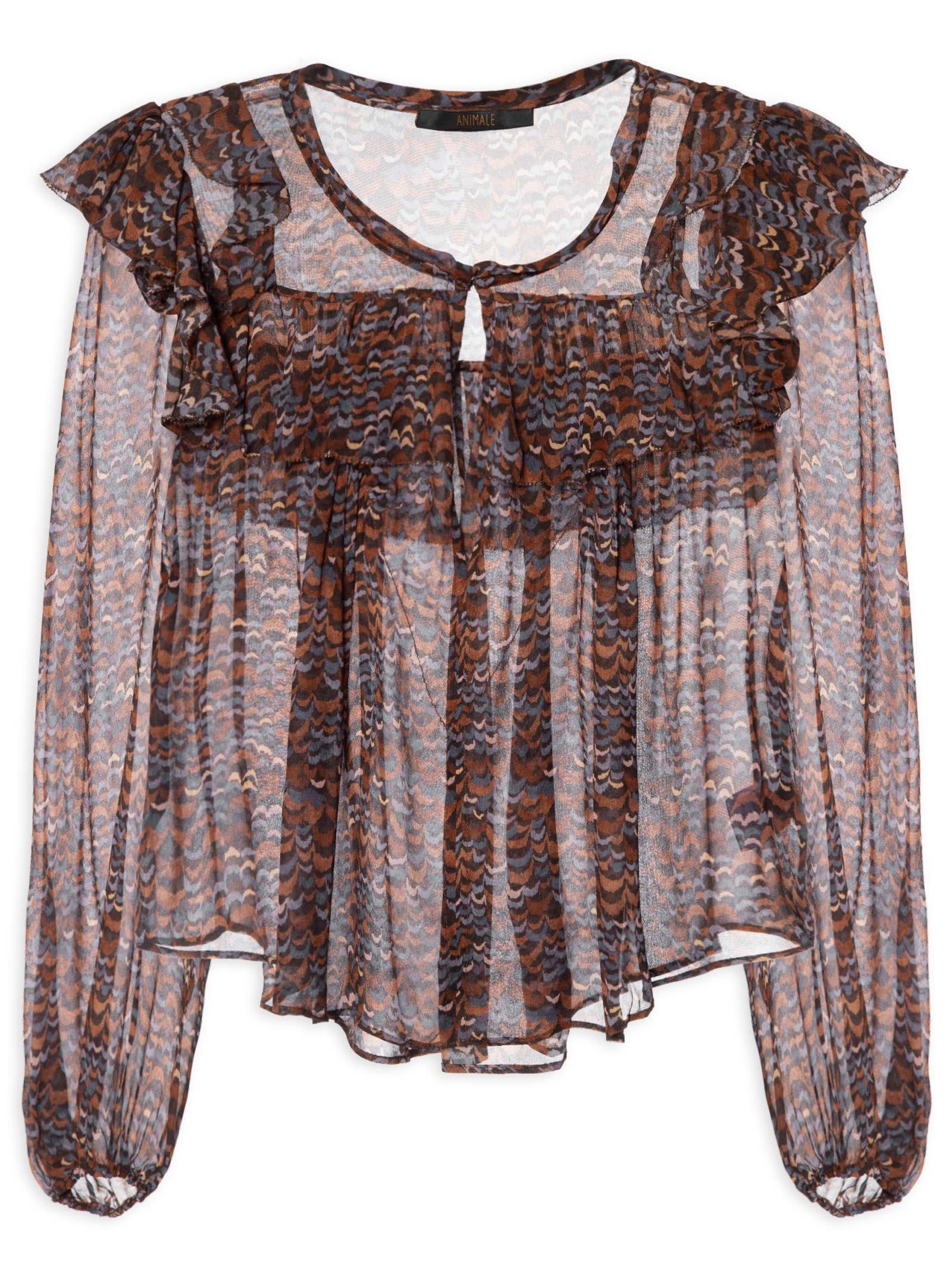 Blusa Feminina De Georgette Estampada Manga Longa Com Babados Roxo Animale