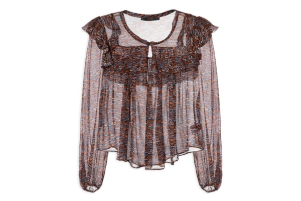 Blusa Feminina De Georgette Estampada Manga Longa Com Babados - Roxo