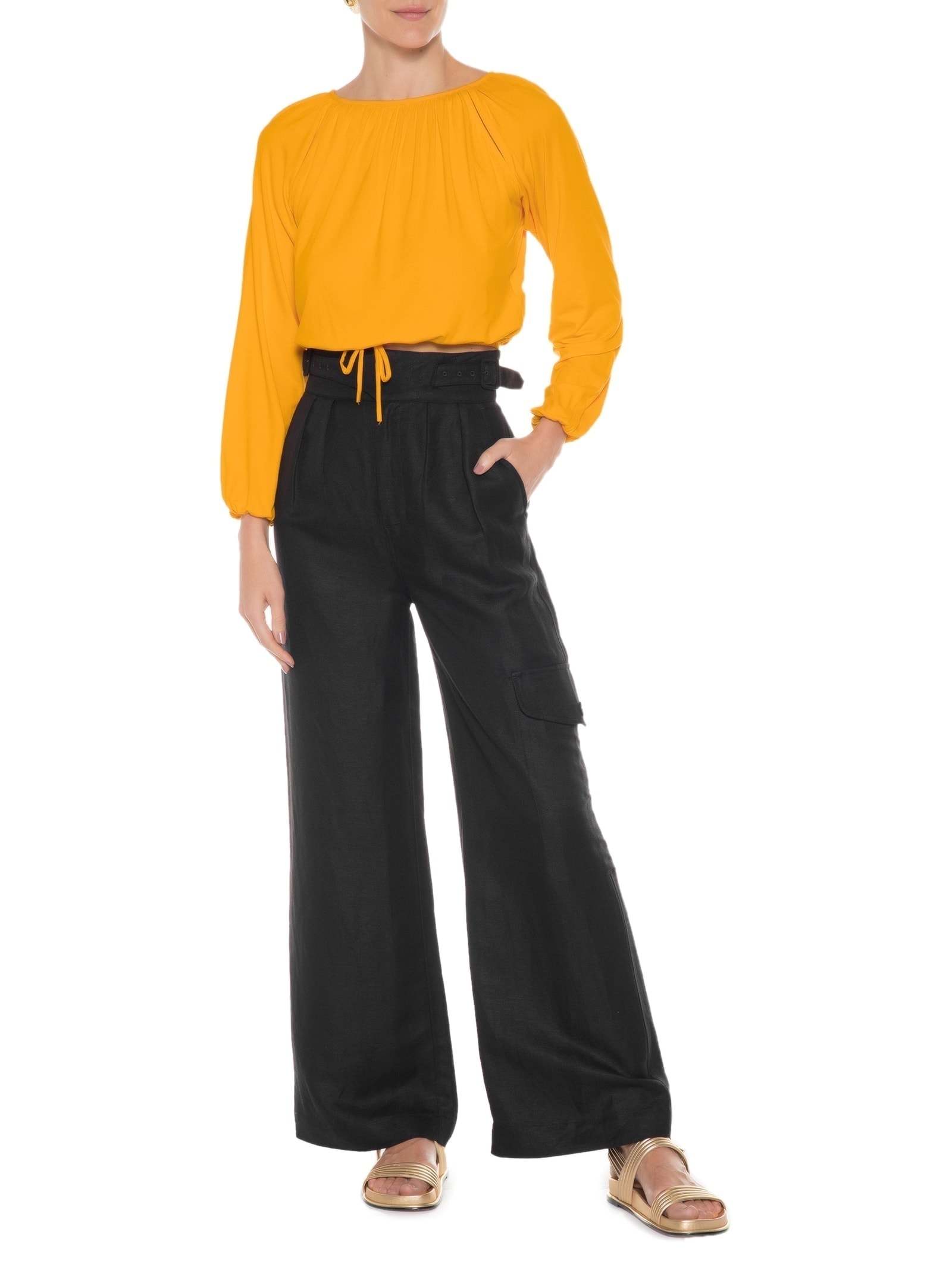 Blusa Feminina De Malha Com Manga Longa Abertura Amarelo '2Essential