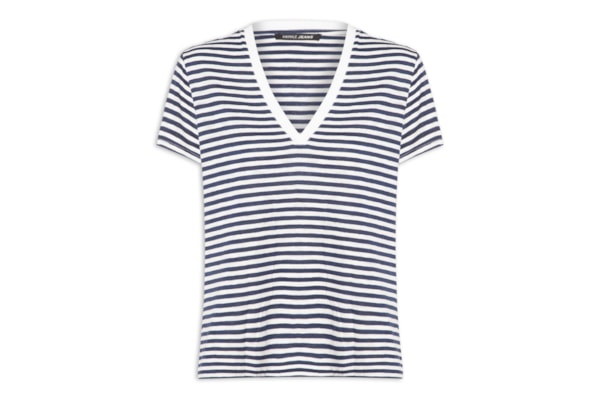 Blusa Feminina De Malha Listrada Decote V - Azul