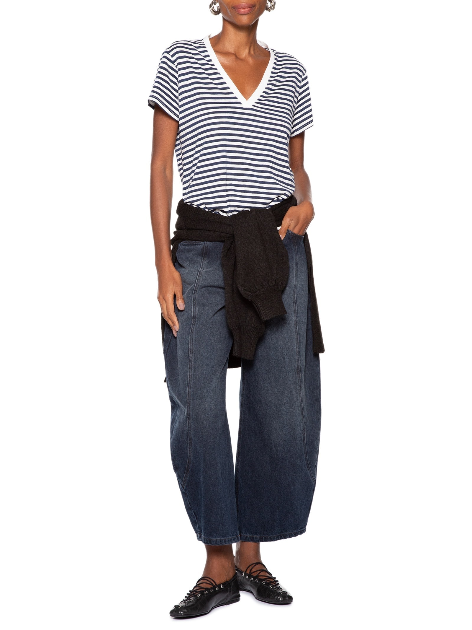 Blusa Feminina De Malha Listrada Decote V Azul Animale Jeans