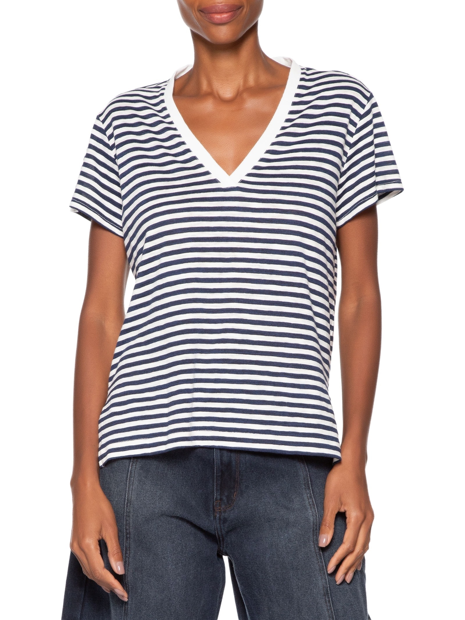 Blusa Feminina De Malha Listrada Decote V Azul Animale Jeans