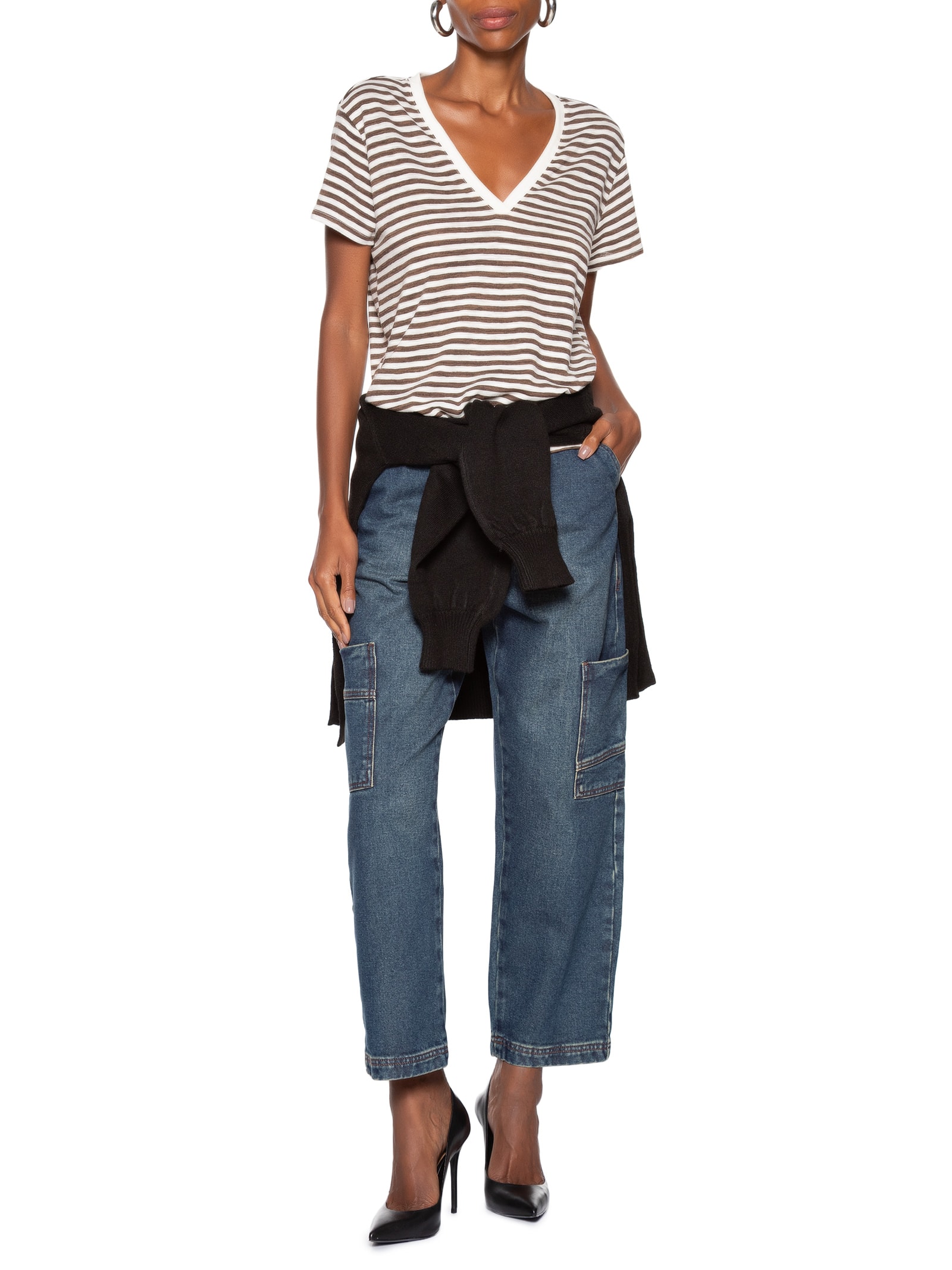 Blusa Feminina De Malha Listrada Decote V Marrom Animale Jeans