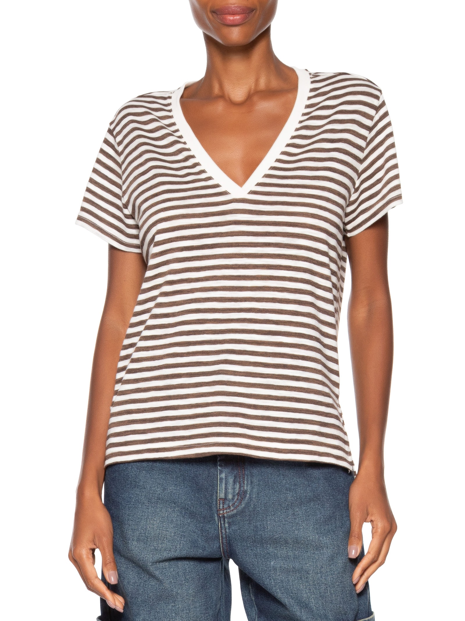 Blusa Feminina De Malha Listrada Decote V Marrom Animale Jeans