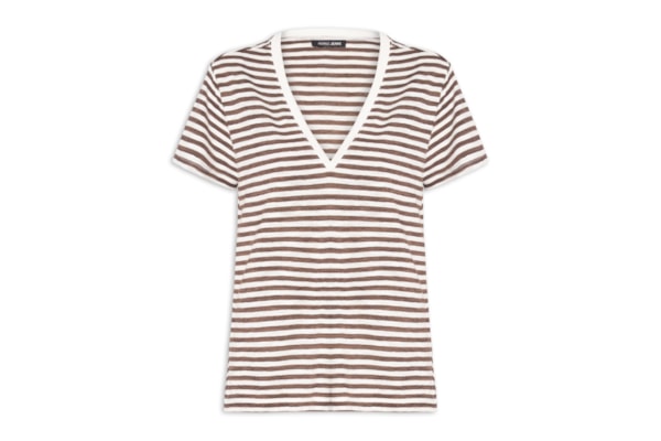 Blusa Feminina De Malha Listrada Decote V - Marrom