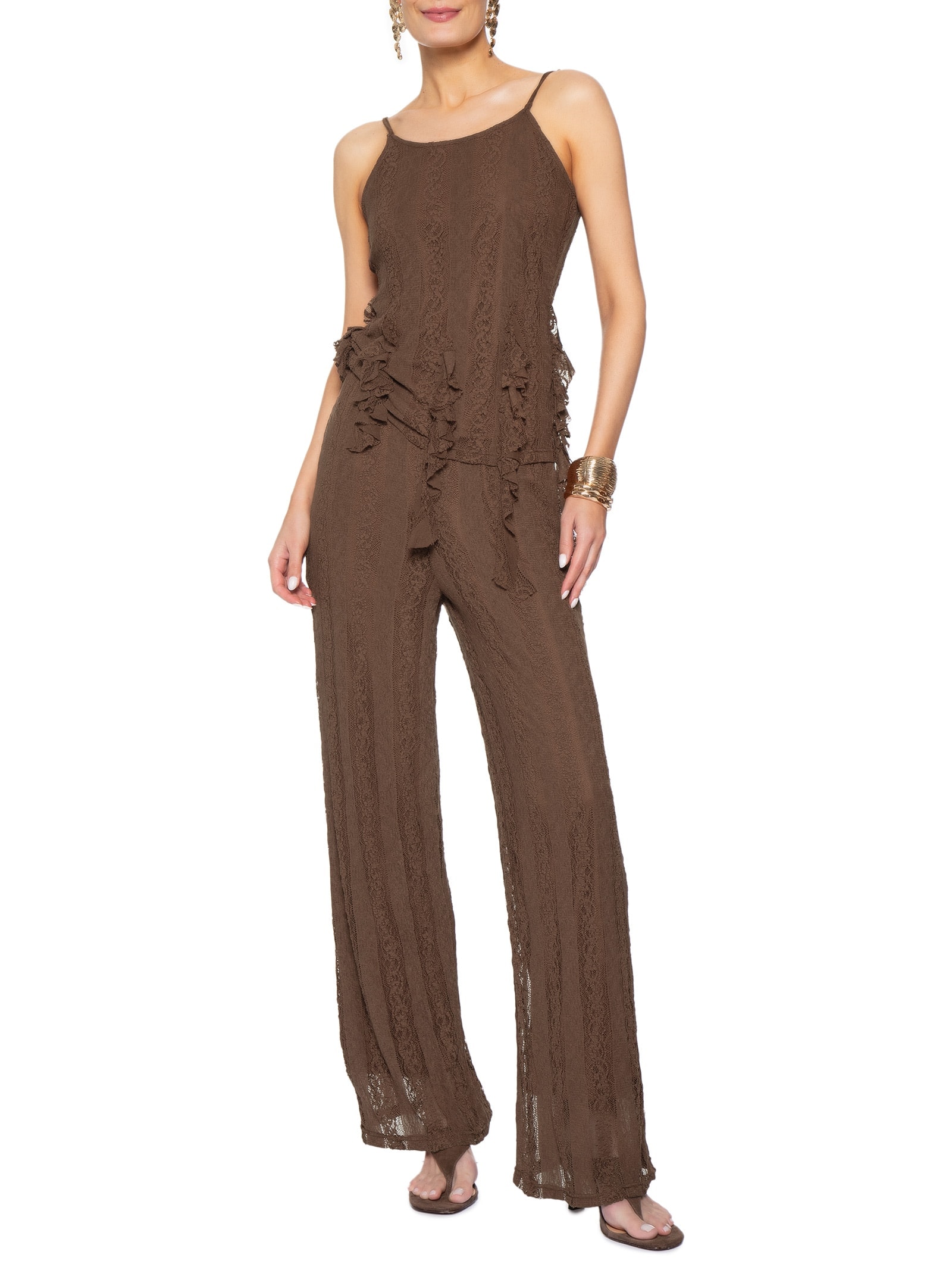Blusa Feminina de Renda com Babados Marrom Market 33