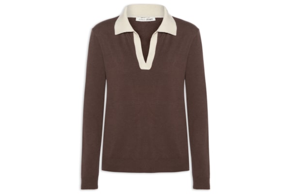 Blusa Feminina de Tricô Polo Gola Contrastante - Marrom