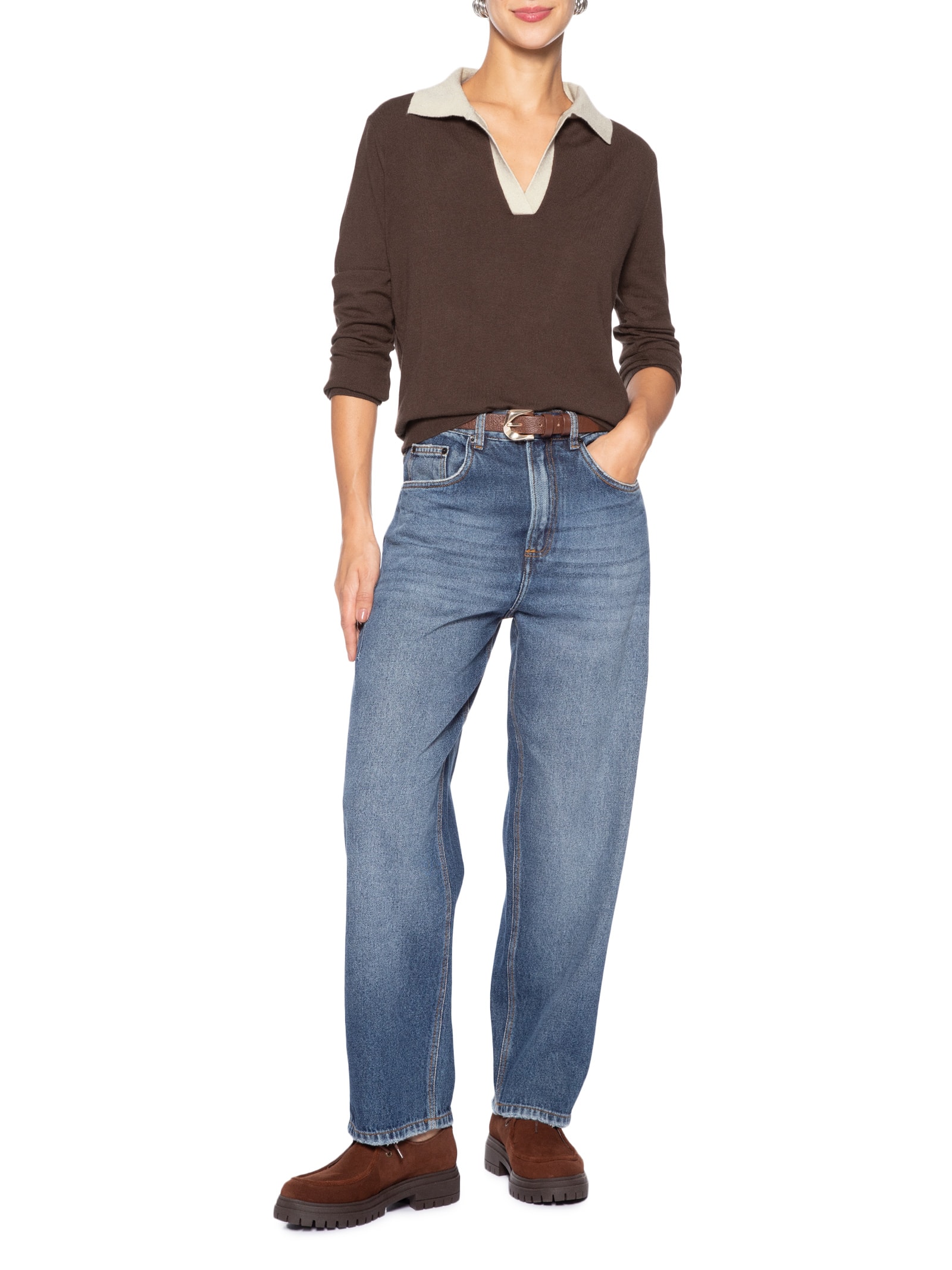 Blusa Feminina de Tricô Polo Gola Contrastante Marrom Animale Jeans