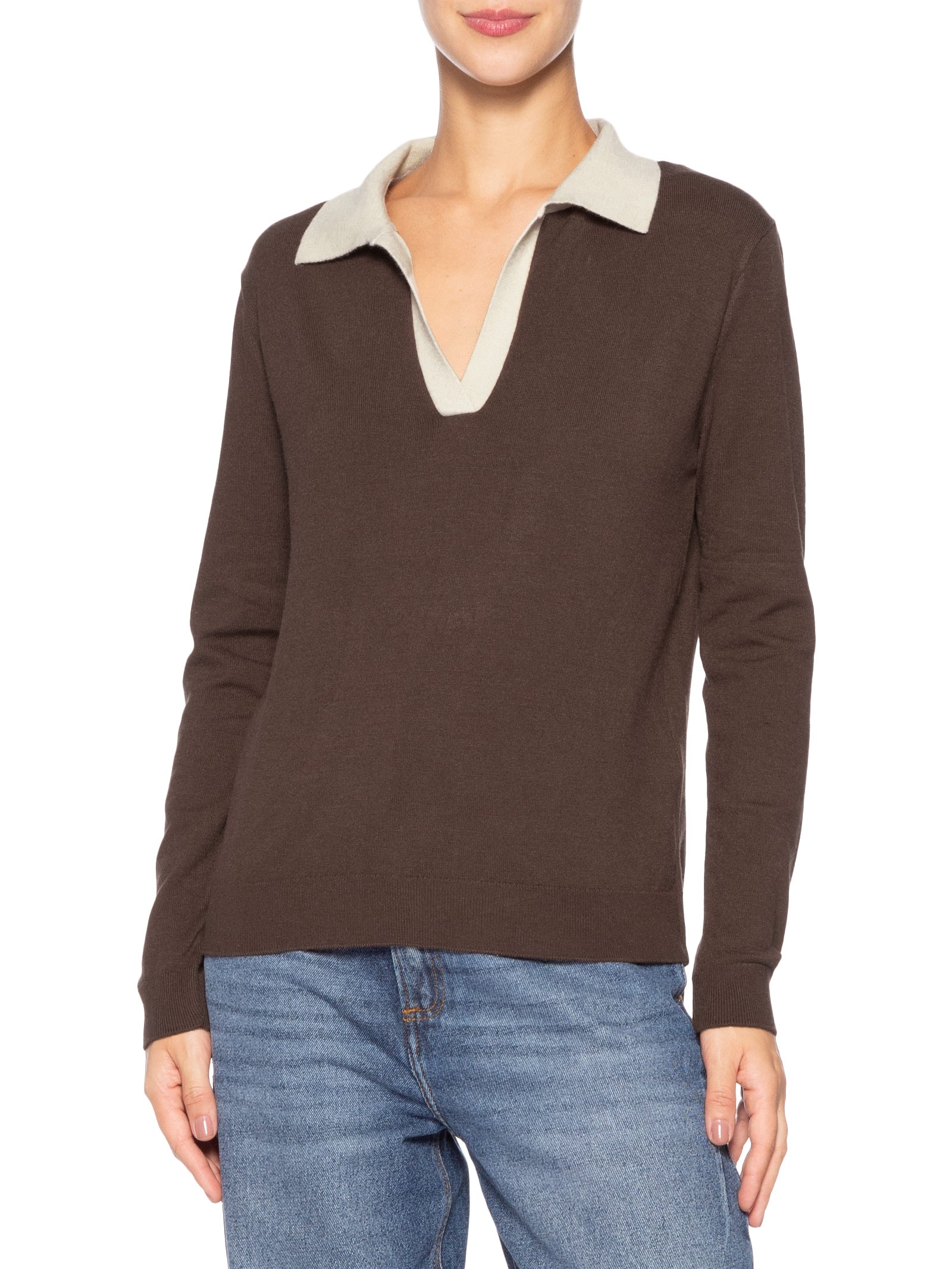 Blusa Feminina de Tricô Polo Gola Contrastante Marrom Animale Jeans