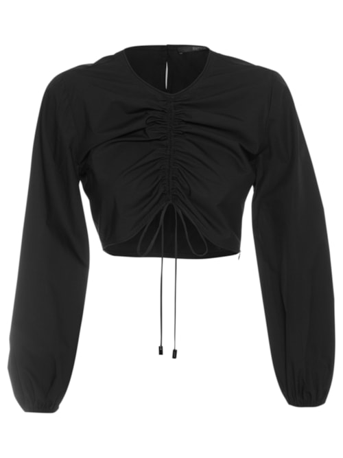 Blusa Feminina De Tricoline Cropped Franzida – Preto