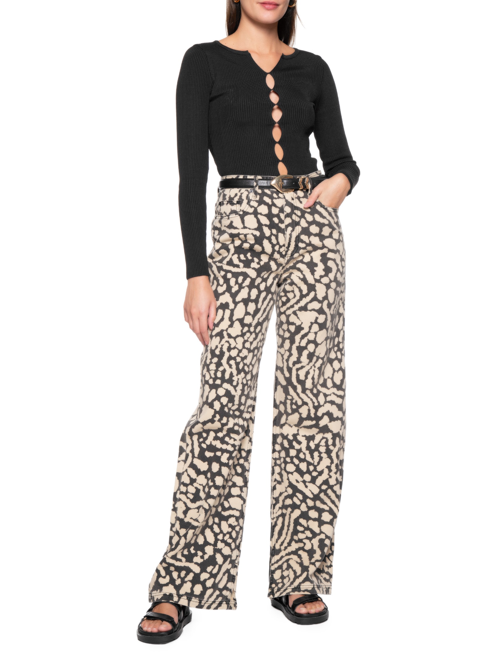 Blusa Feminina De Tricot Aberturas Frente Preto Animale Jeans