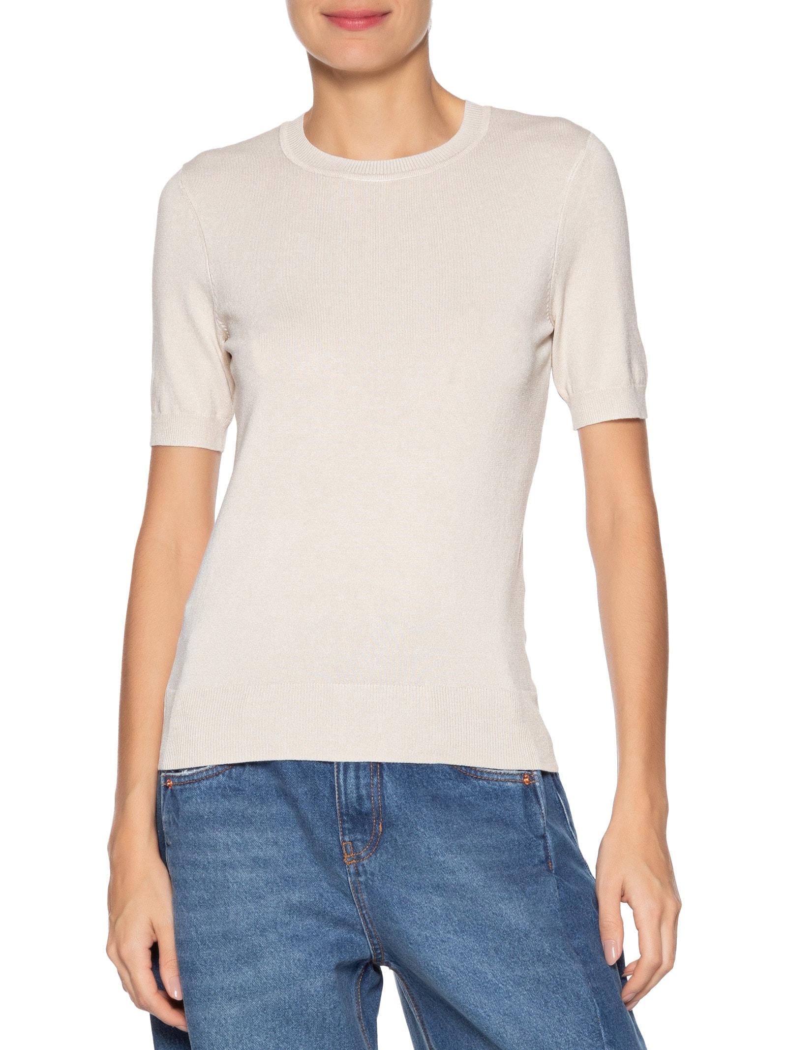 Blusa Feminina De Tricot Básica Decote Redondo Bege Animale Jeans