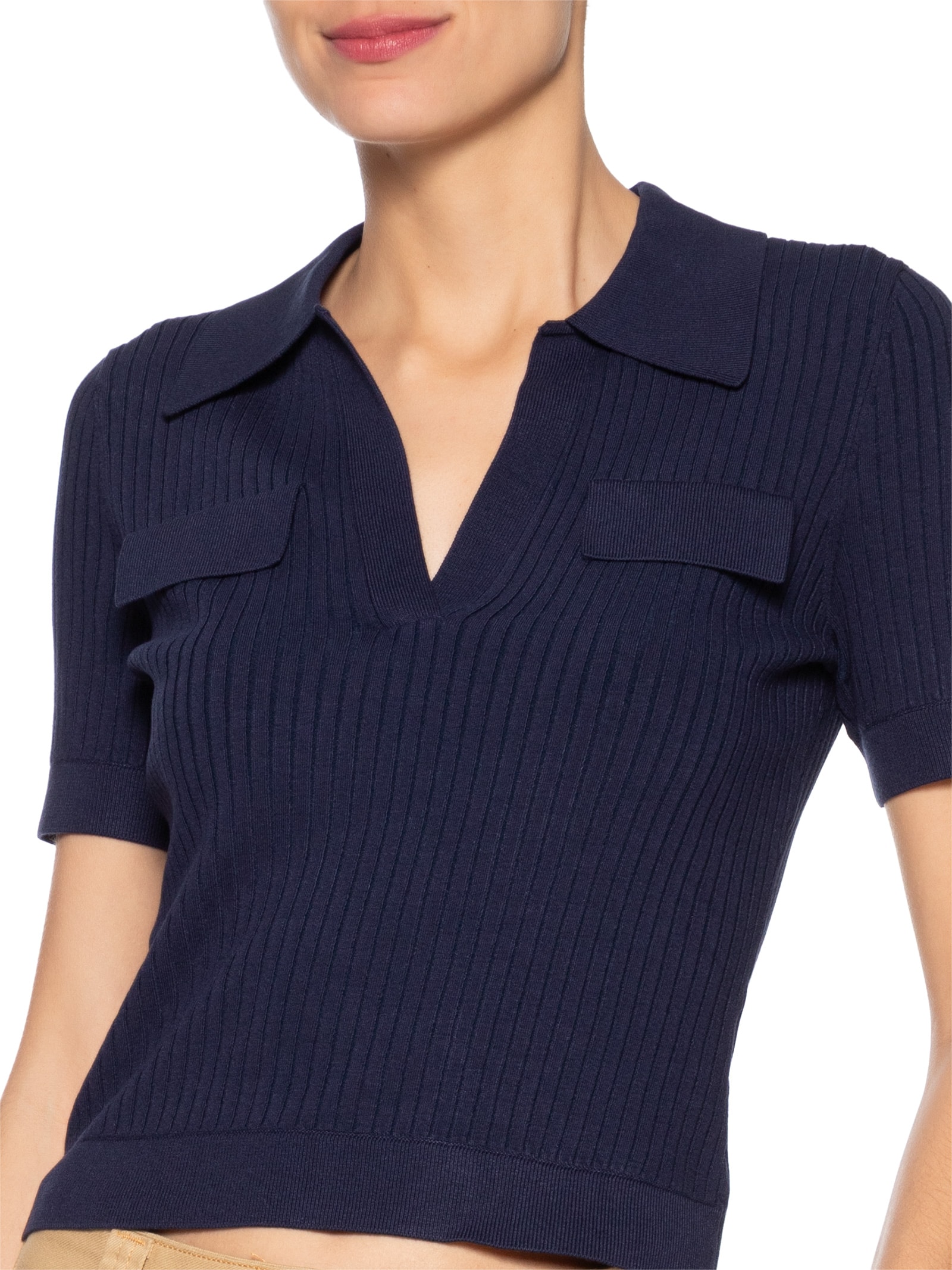 Blusa Feminina De Tricot Canelado Com Gola Polo Azul Animale