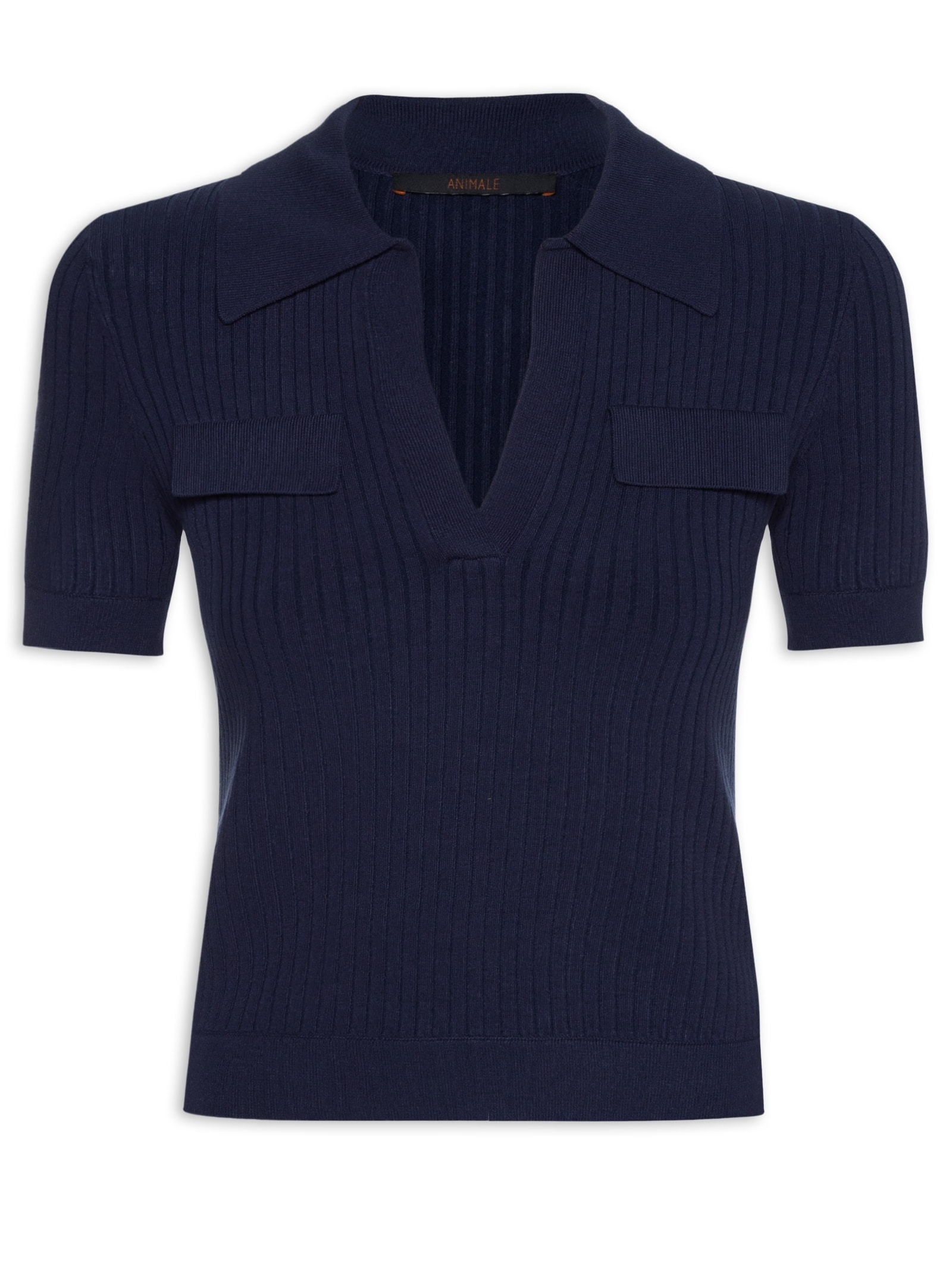 Blusa Feminina De Tricot Canelado Com Gola Polo Azul Animale