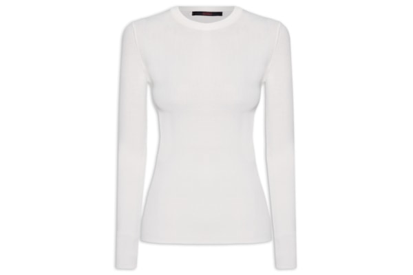 Blusa Feminina De Tricot Canelado Manga Longa Básica - Branco
