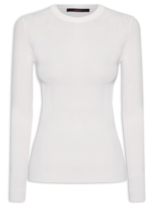 Blusa Feminina De Tricot Canelado Manga Longa Básica - Branco