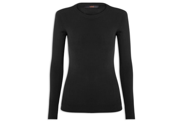 Blusa Feminina De Tricot Canelado Manga Longa Básica - Preto