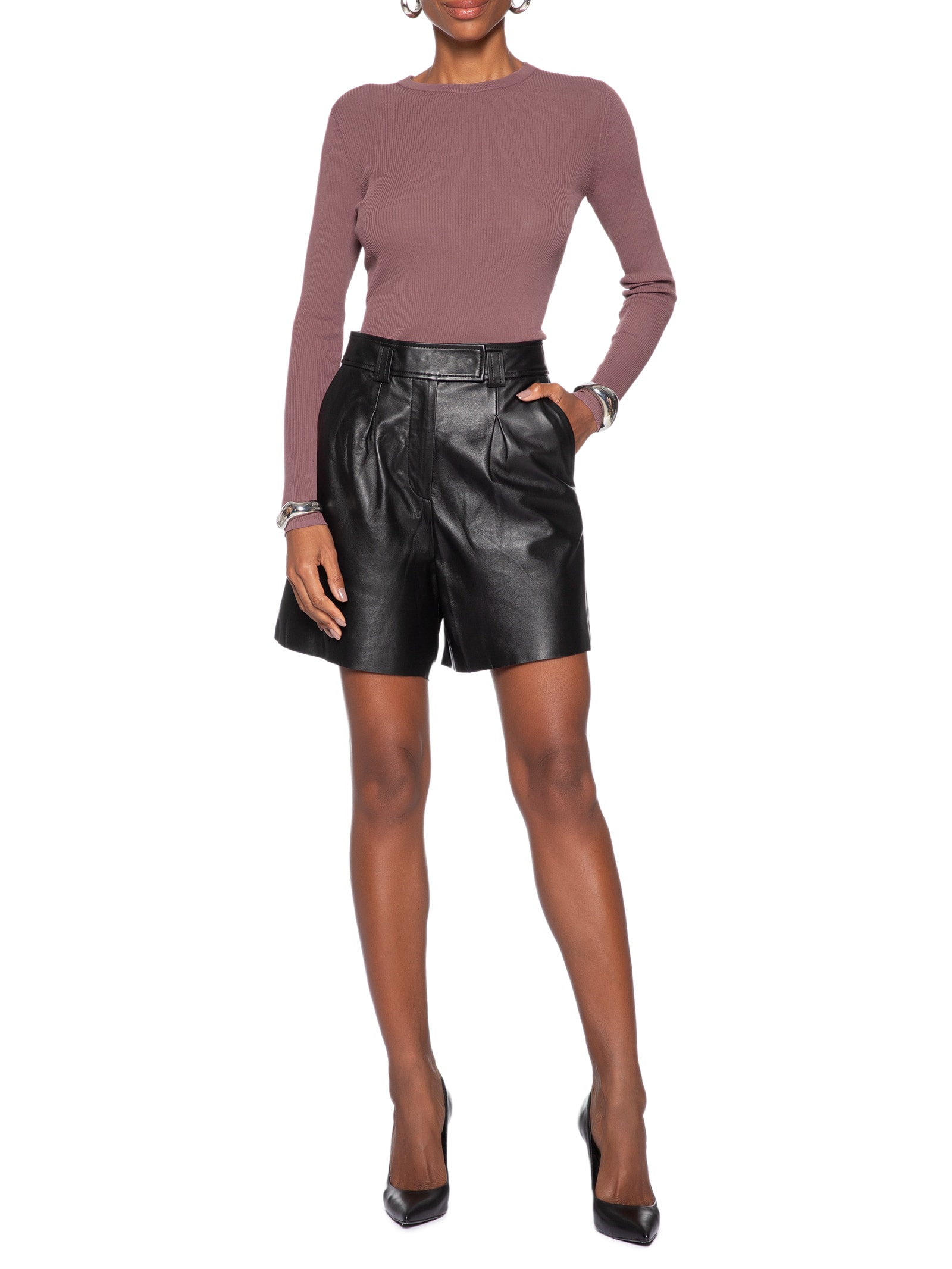 Blusa Feminina De Tricot Canelado Manga Longa Básica Rosa Animale