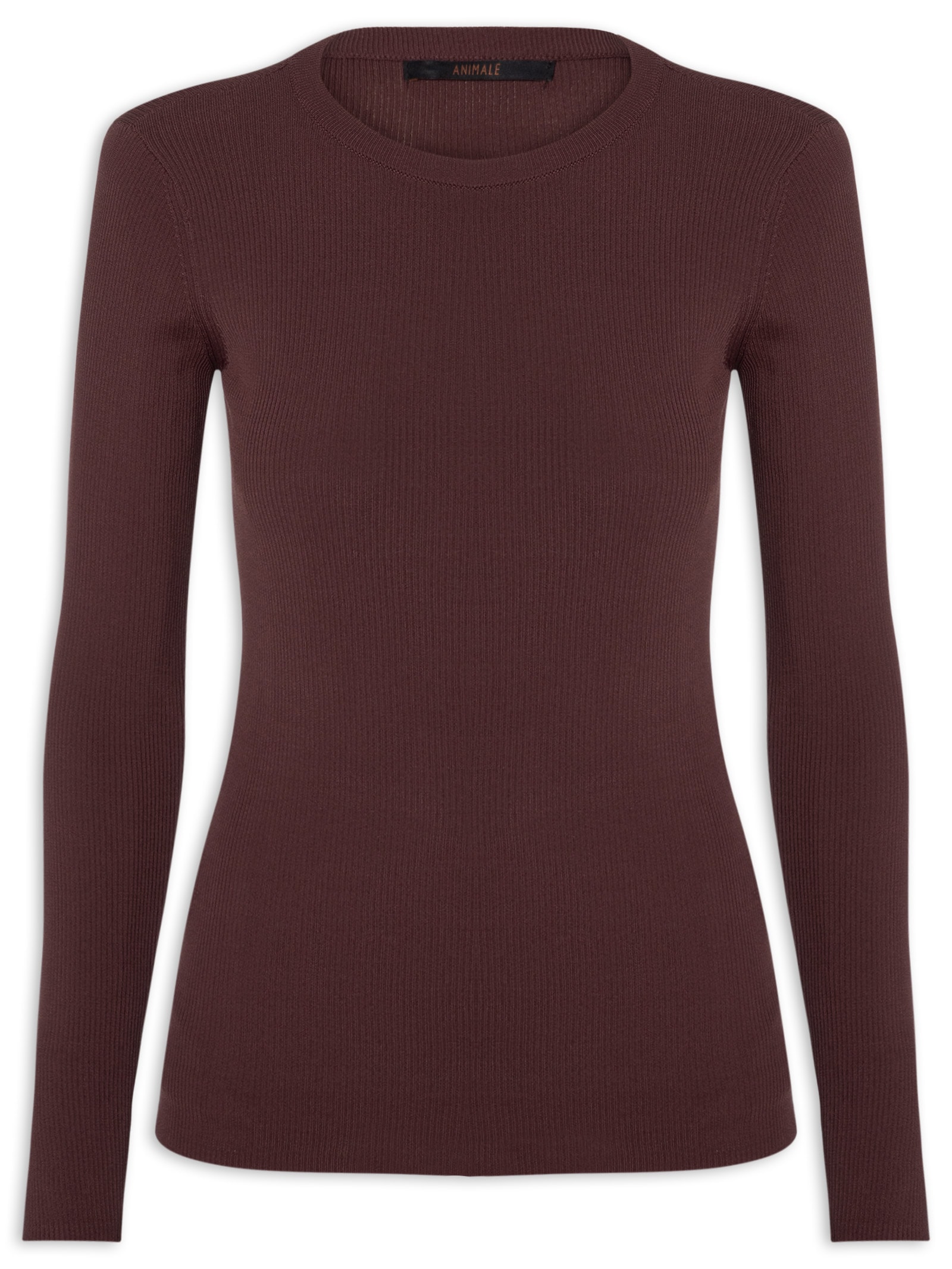 Blusa Feminina De Tricot Canelado Manga Longa Marrom Animale