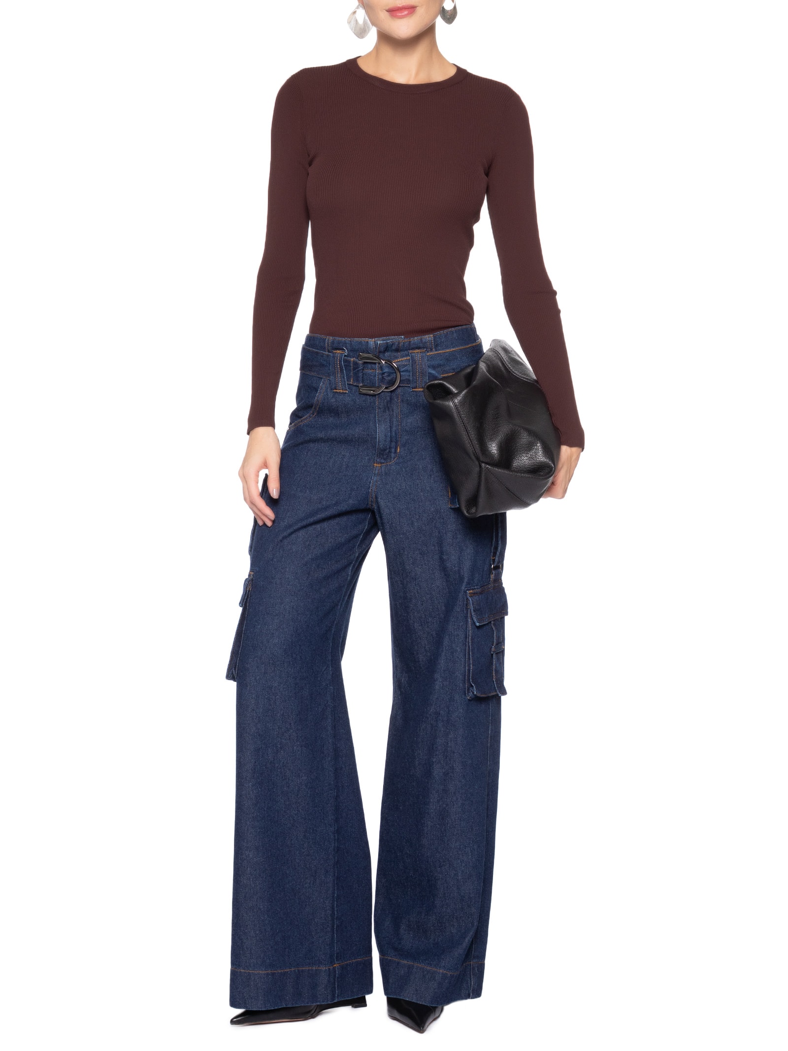 Blusa Feminina De Tricot Canelado Manga Longa Marrom Animale