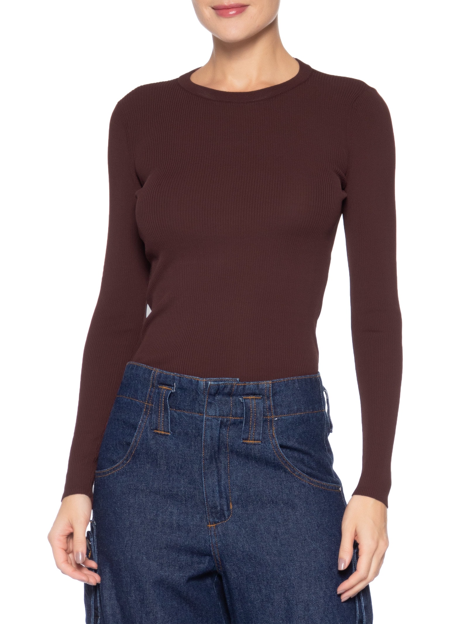 Blusa Feminina De Tricot Canelado Manga Longa Marrom Animale