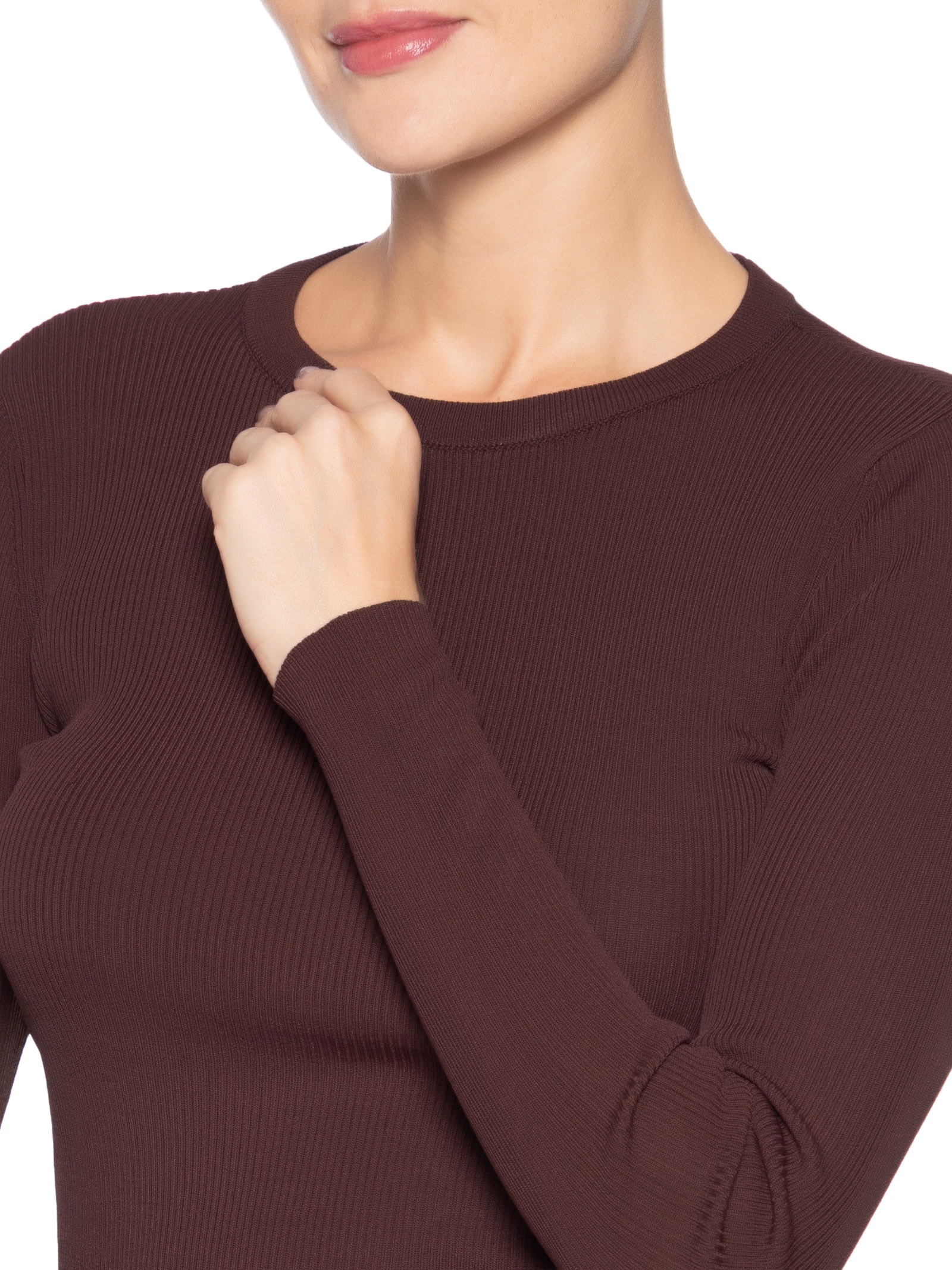 Blusa Feminina De Tricot Canelado Manga Longa Marrom Animale