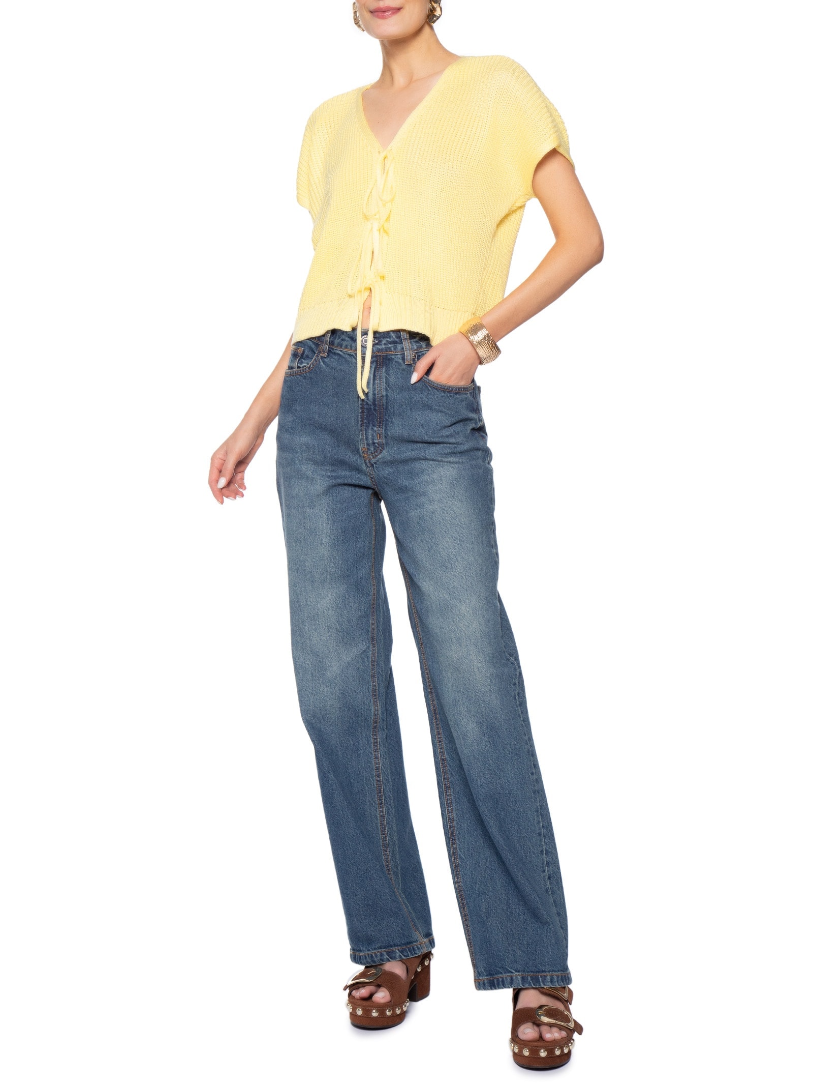 Blusa Feminina De Tricot Com Fecho De Amarração Amarelo Market 33