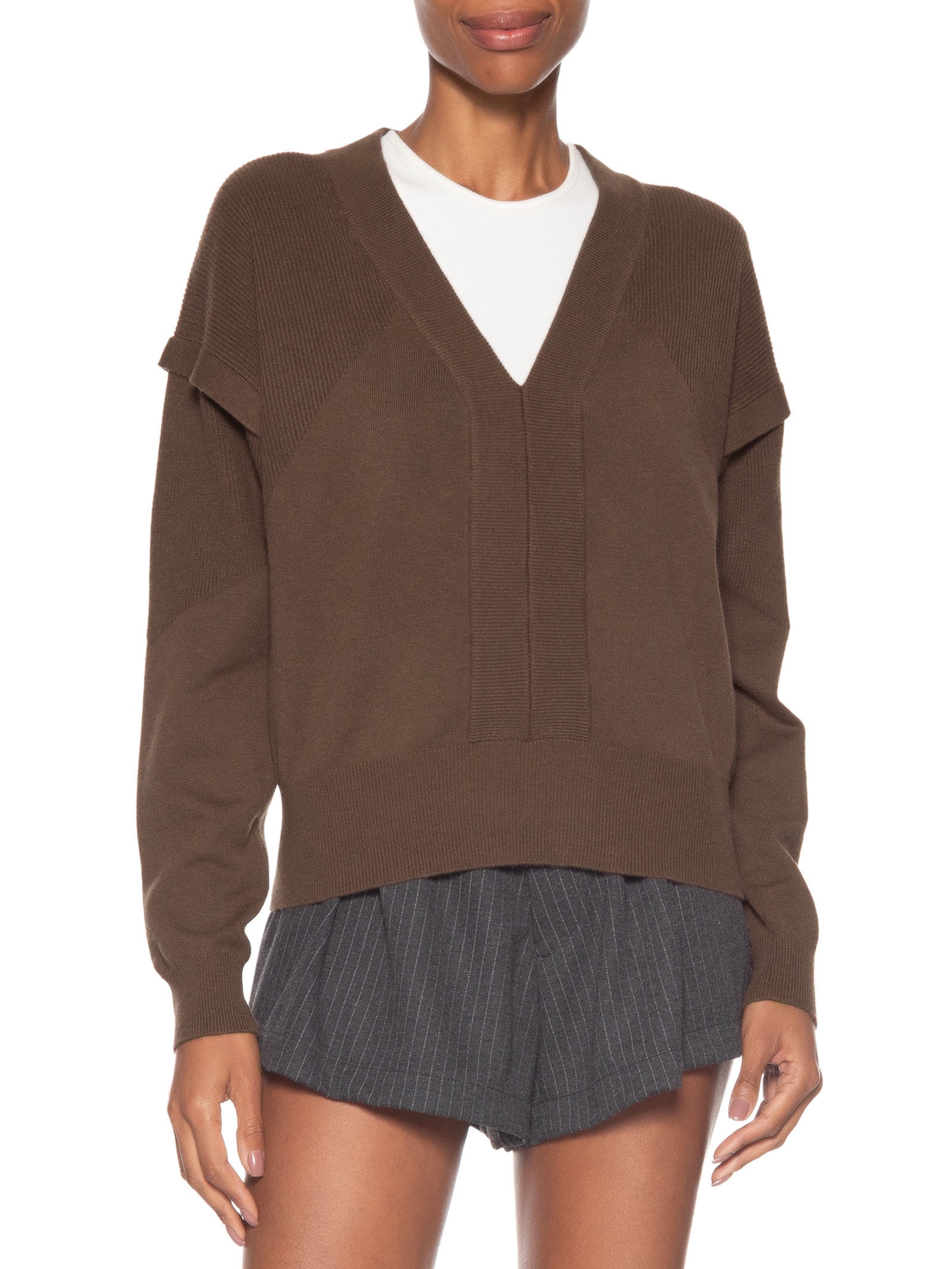 Blusa Feminina De Tricot Com Manga Sobreposta Marrom Animale Jeans