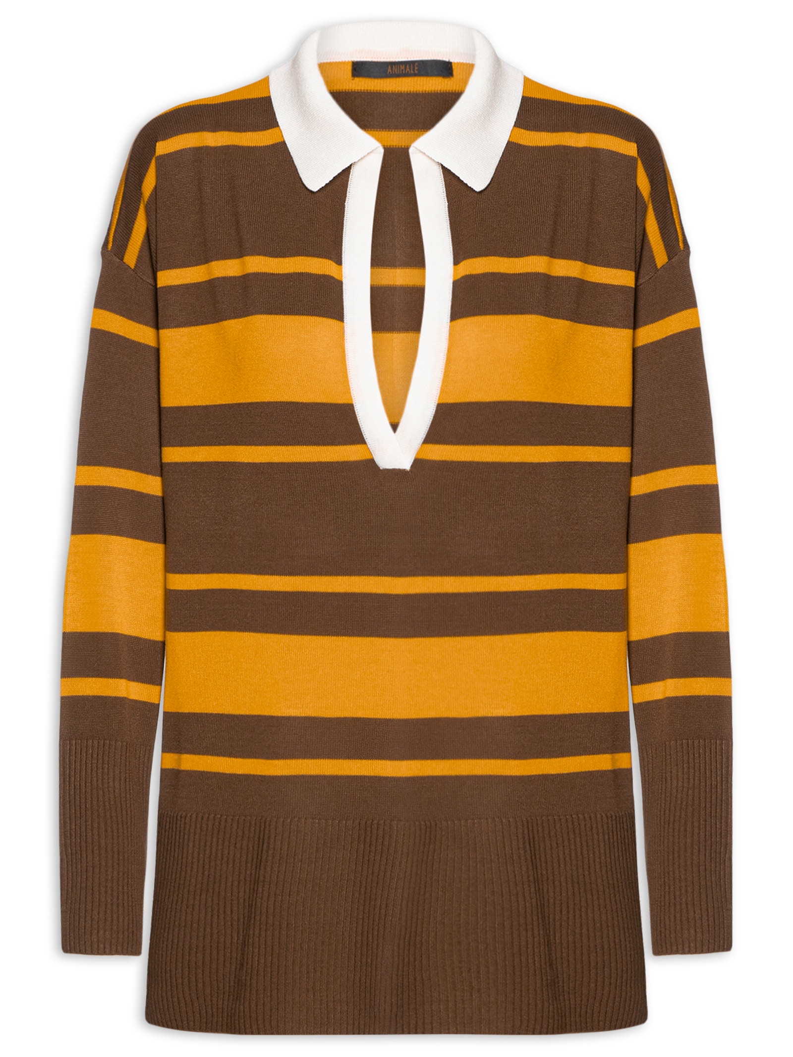 Blusa Feminina De Tricot Gola Polo Listrada Bicolor Marrom Animale