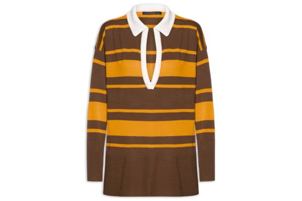 Blusa Feminina De Tricot Gola Polo Listrada Bicolor - Marrom