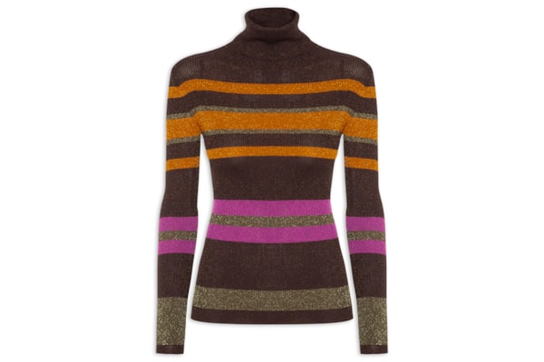 Blusa Feminina De Tricot Manga Longa Listra Colorida - Marrom