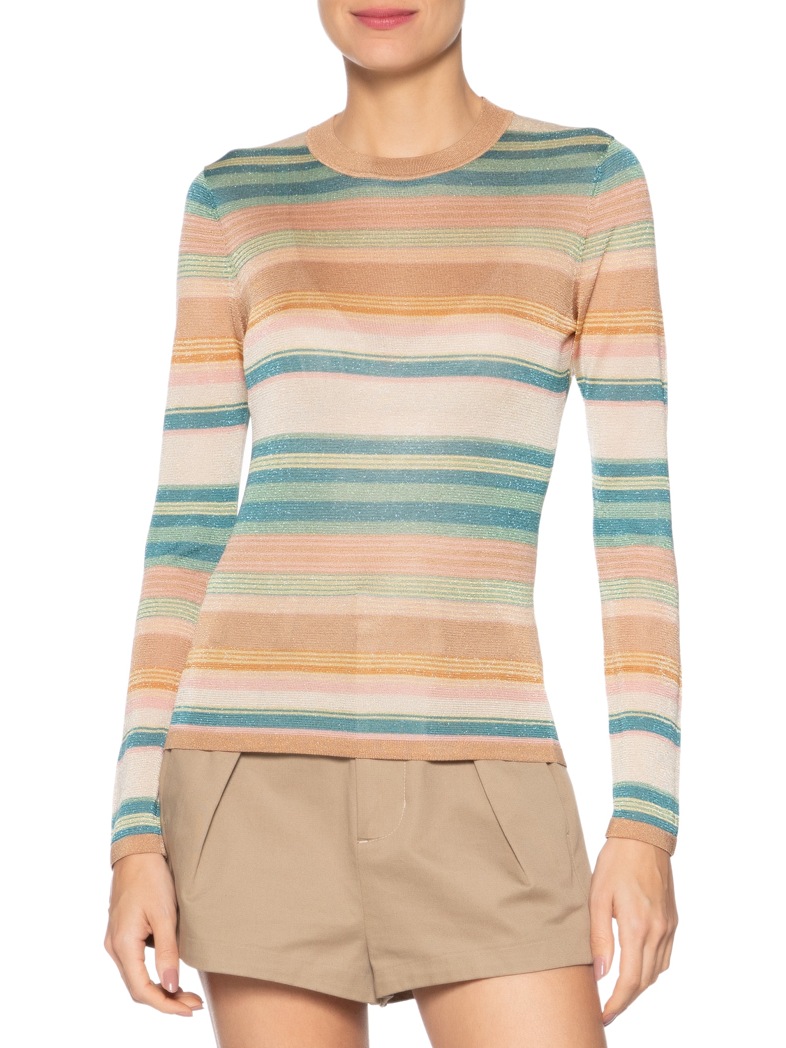 Blusa Feminina De Tricot Manga Longa Listras Multicoloridas Com Lurex Bege Animale