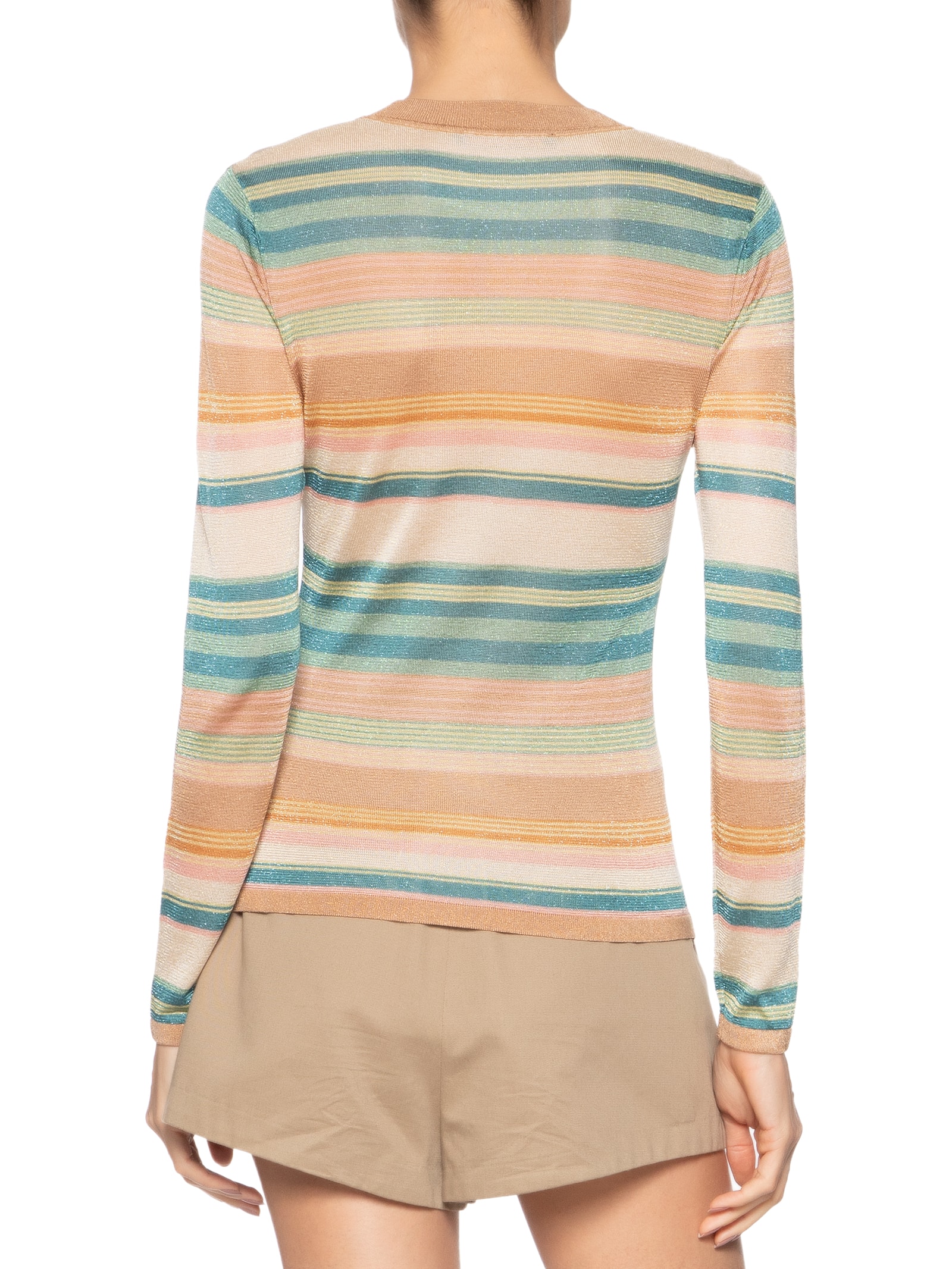 Blusa Feminina De Tricot Manga Longa Listras Multicoloridas Com Lurex Bege Animale