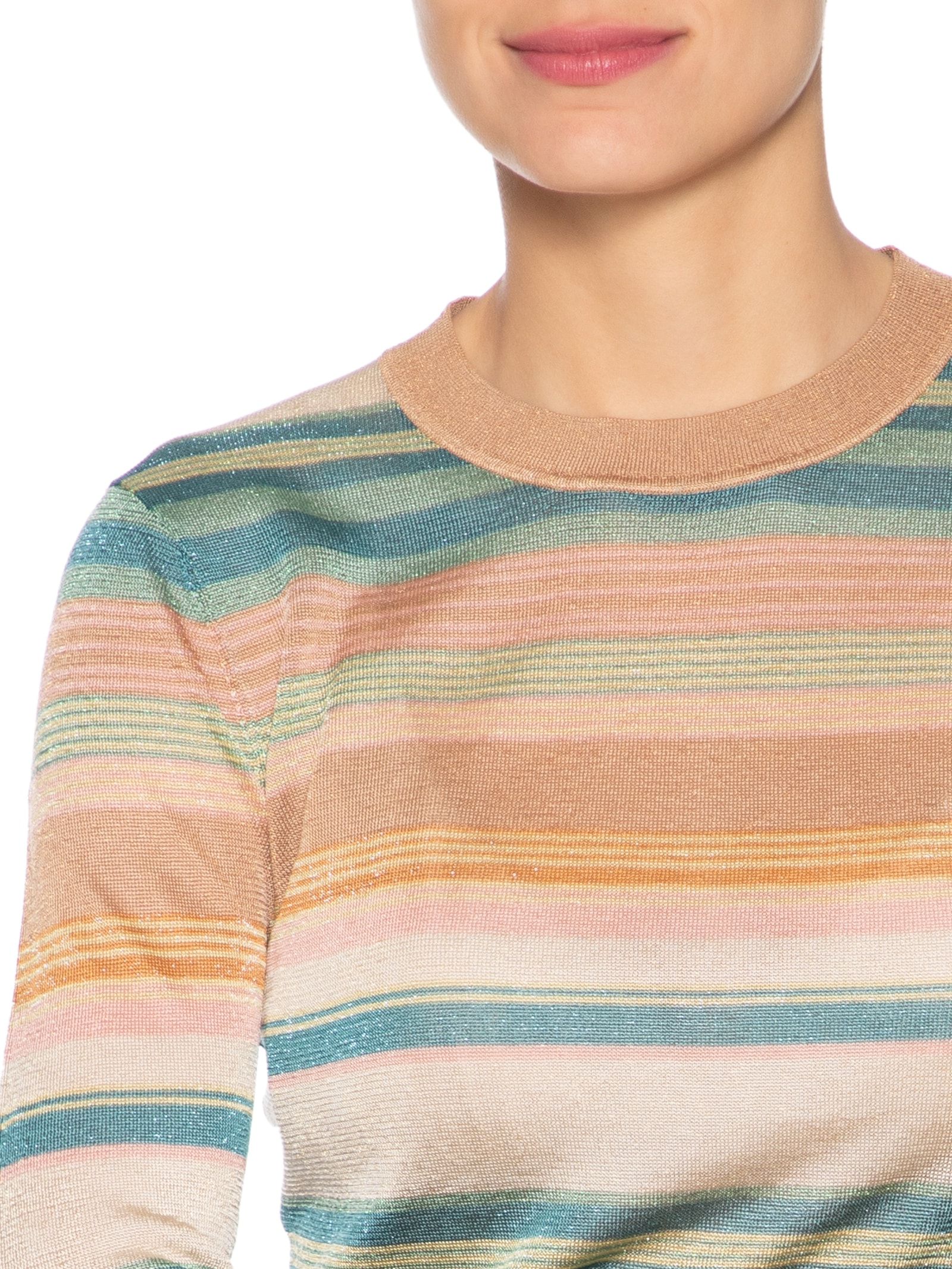 Blusa Feminina De Tricot Manga Longa Listras Multicoloridas Com Lurex Bege Animale