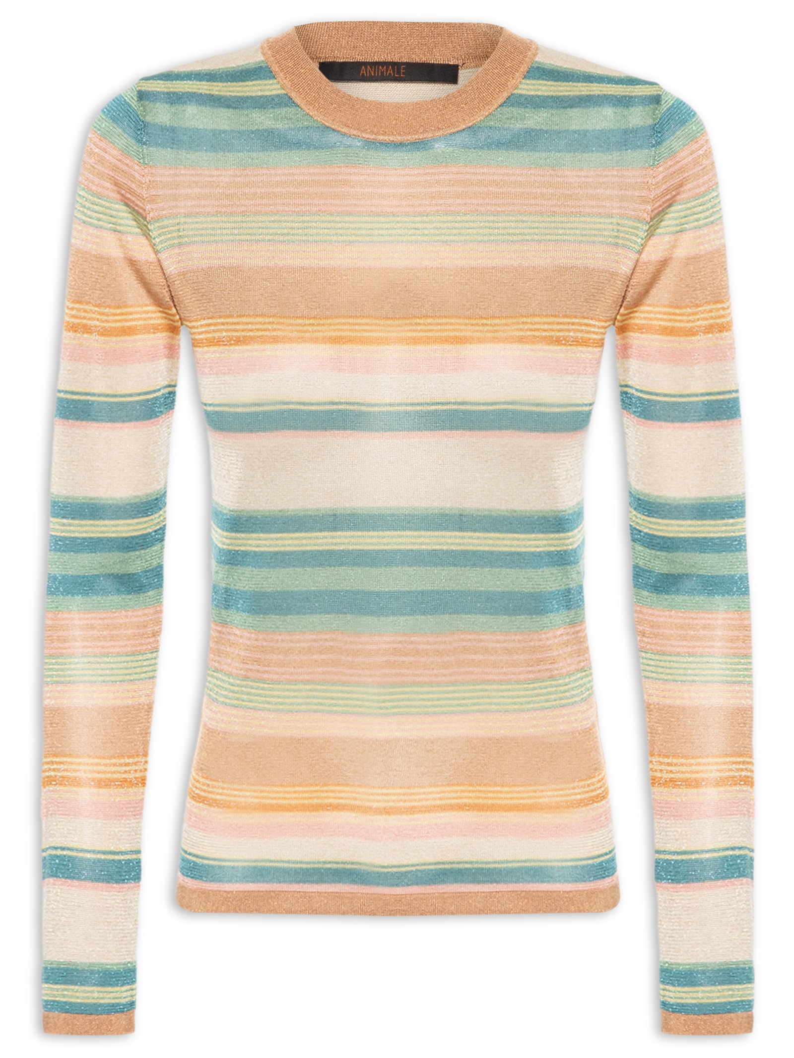 Blusa Feminina De Tricot Manga Longa Listras Multicoloridas Com Lurex Bege Animale