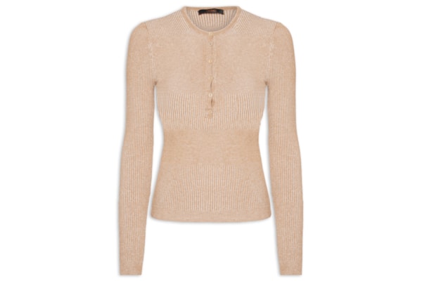 Blusa Feminina De Tricot New Bicolor Com Decote Portuguesa - Bege