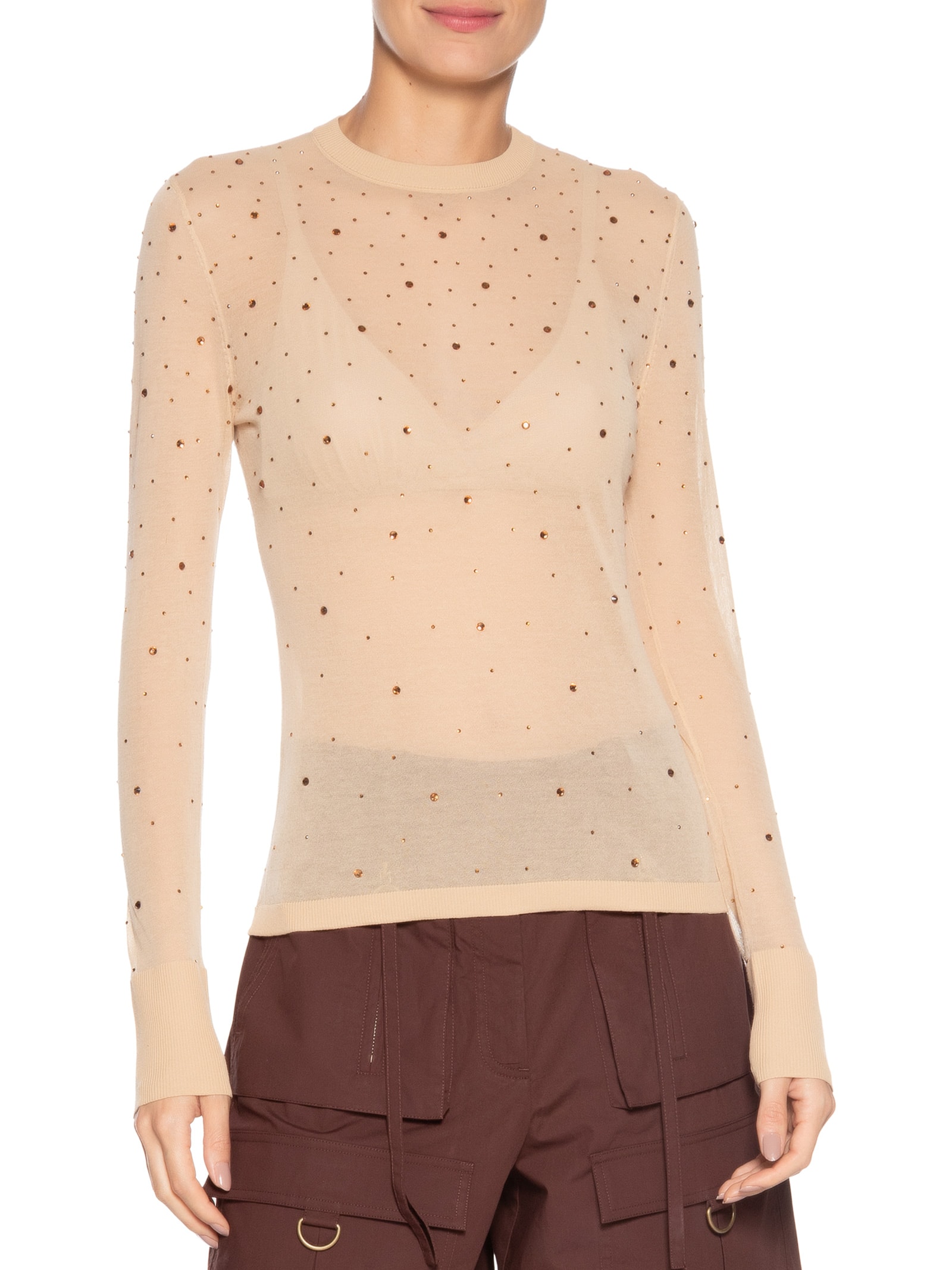 Blusa Feminina de Tricot Transparente Com Hotfix Bege Animale