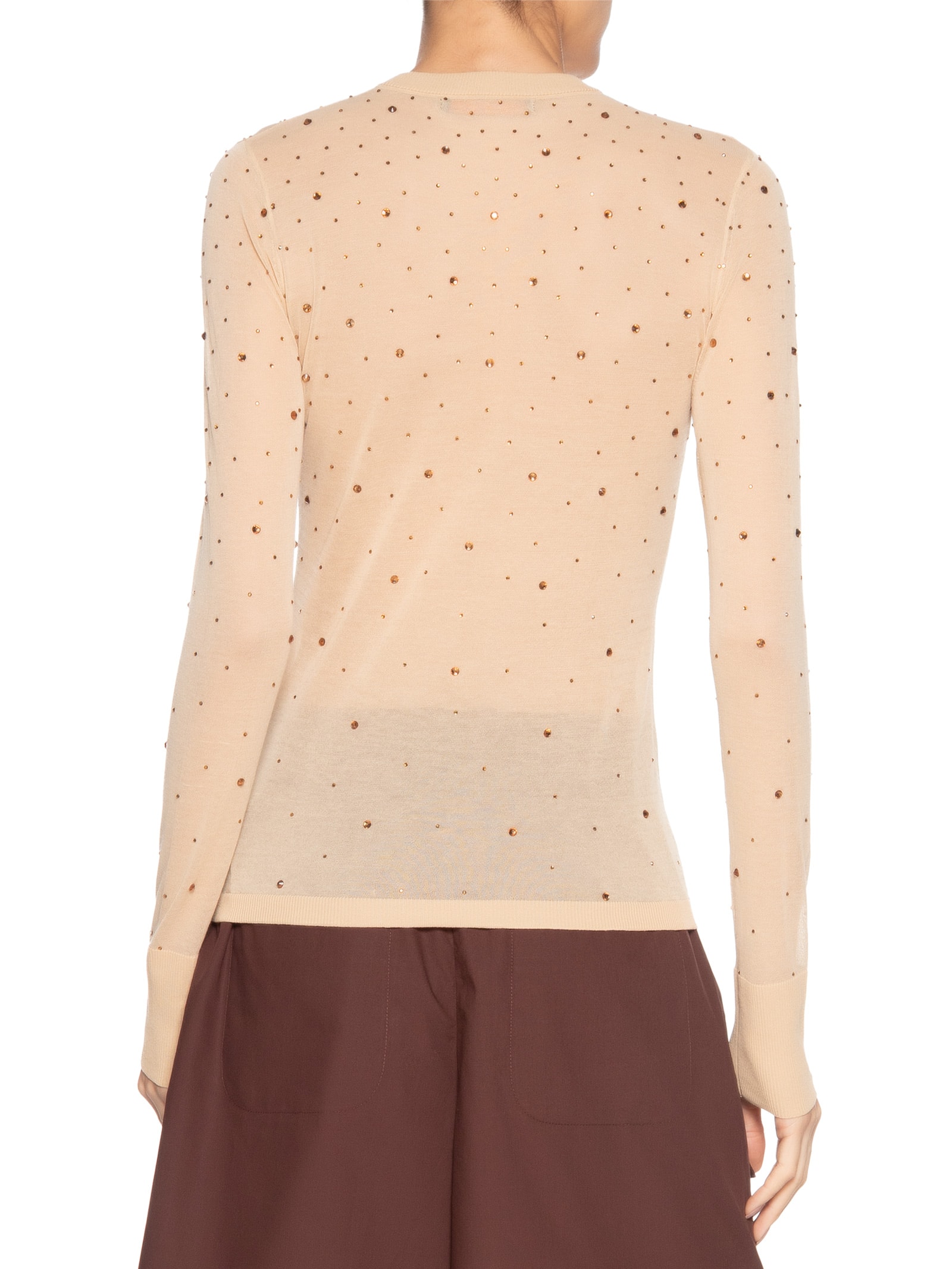 Blusa Feminina de Tricot Transparente Com Hotfix Bege Animale