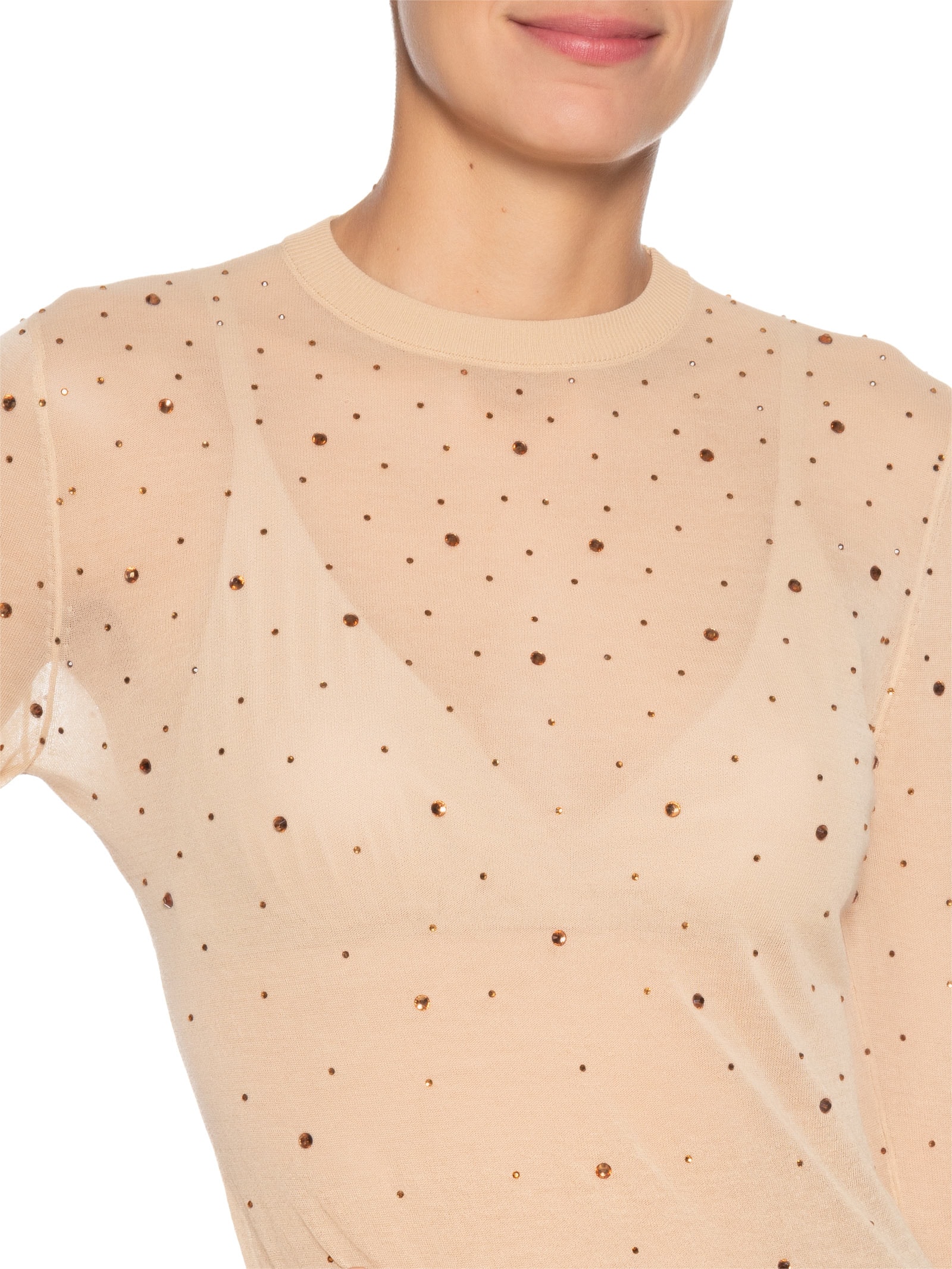 Blusa Feminina de Tricot Transparente Com Hotfix Bege Animale