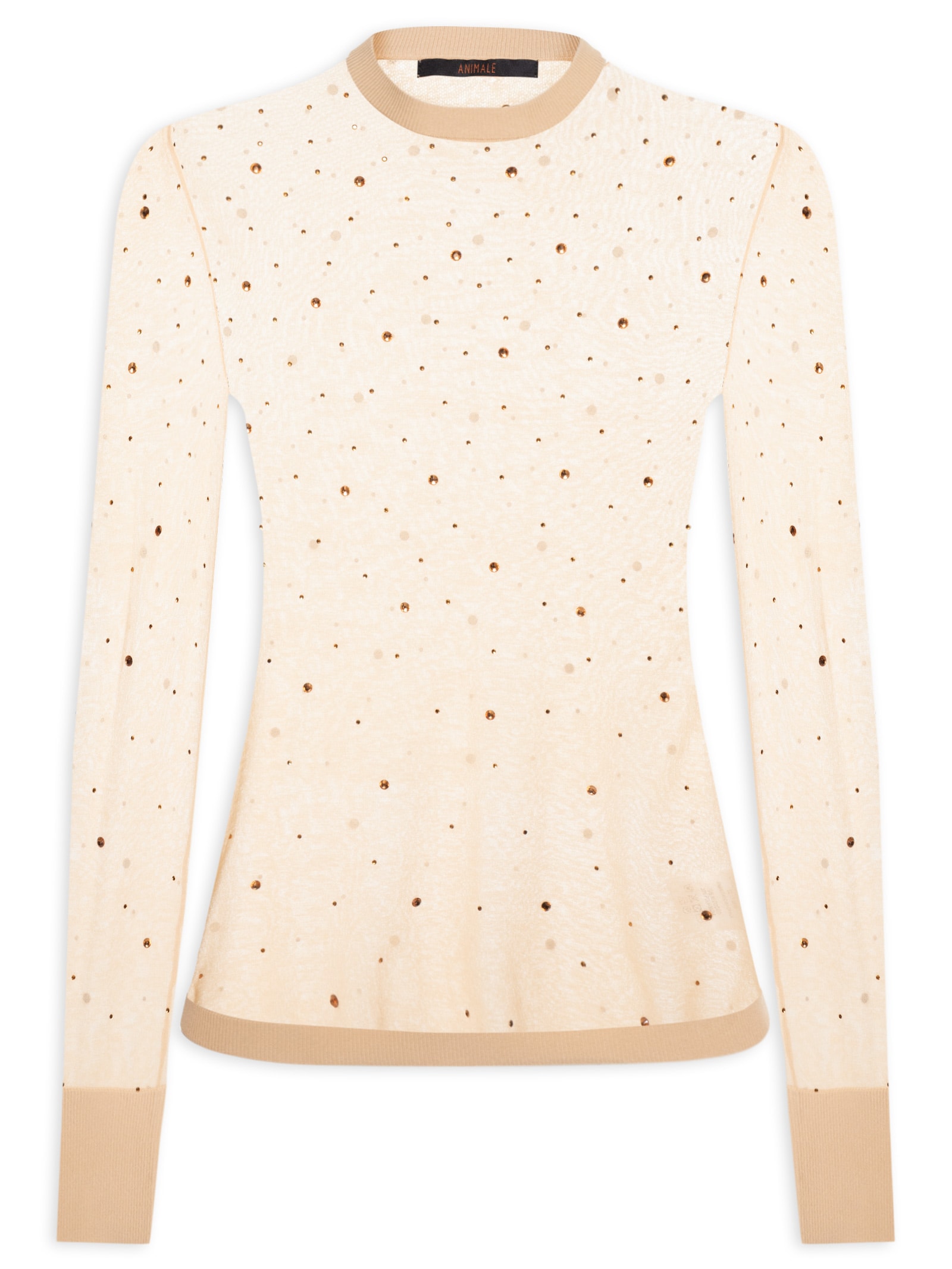 Blusa Feminina de Tricot Transparente Com Hotfix Bege Animale