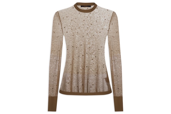 Blusa Feminina de Tricot Transparente Com Hotfix - Marrom